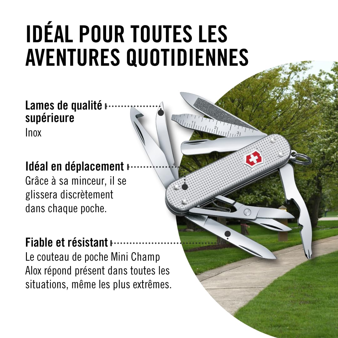 VICTORINOX Couteau Suisse Mini Champ, Petit, Swiss Made, Outil Multifonction avec Coupe-Papier, Décapsuleur, Dénudeur de Fils Électriques
