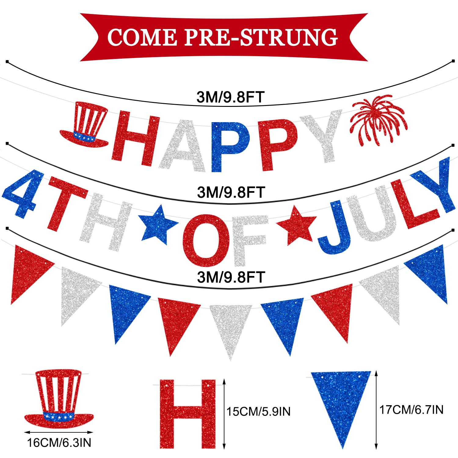 JOZON Rot Weiß Blau Glitzerndes Banner Zum 4. Juli \, image size:1500x1500