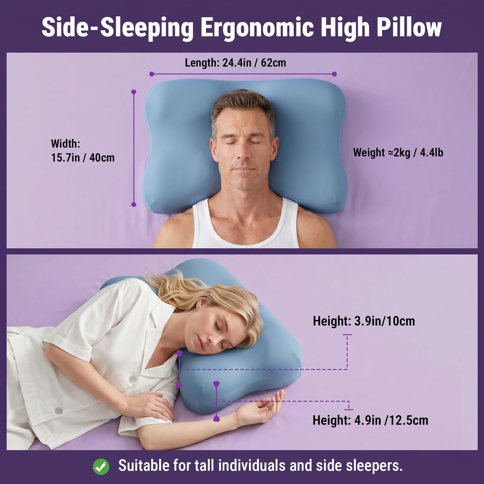 ZZ-WELL Cuscino rinfrescante per dormire, ergonomico, curvo, morbido, per dormire, in memory foam, per dolori al collo e alle spalle, con fodera lavabile in lavatrice (blu)