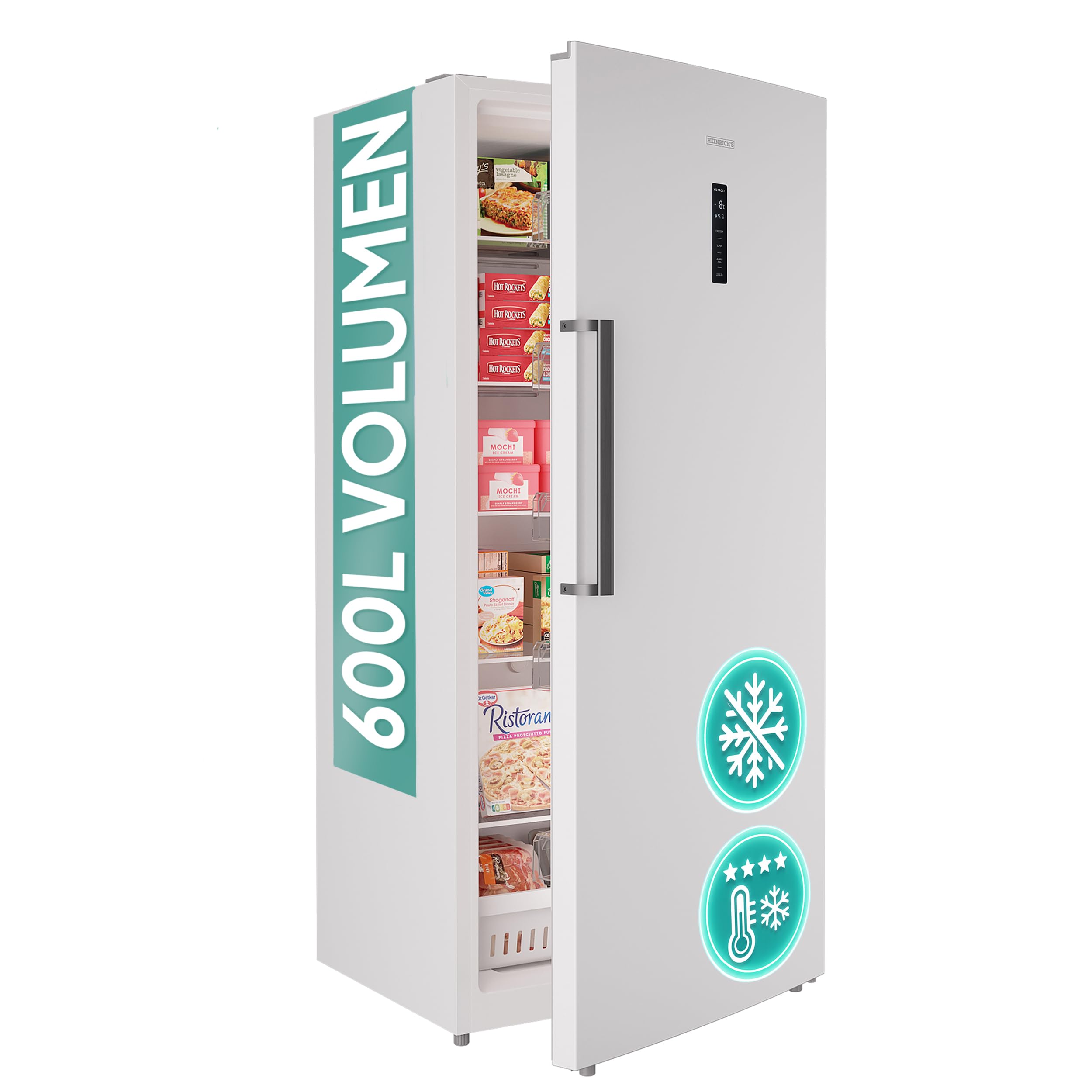 Heinrich´s Congelatore XXL da 600 l, protezione antigelo, 1 cassetto congelatore, 5 ripiani in vetro, display LED, cerniera della porta intercambiabile, funzione allarme, temperatura: -18 °C