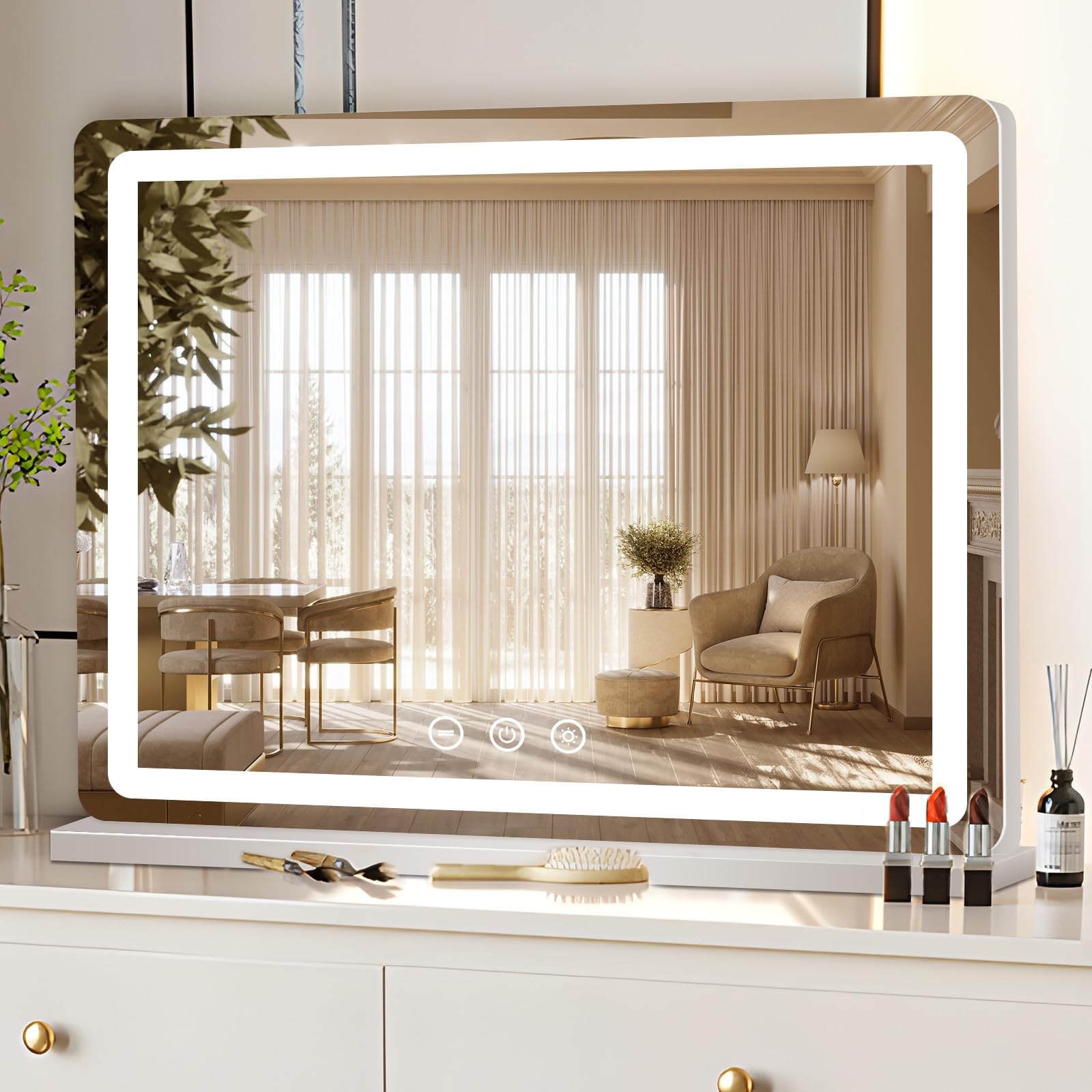 LIANWANG Espejo de Maquillaje Hollywood con LED Regulables, 3 Modos, Espejo con Función de Memoria, Control Táctil, Montaje en Pared, Cargador USB y Type C, 80x57 cm, Blanco