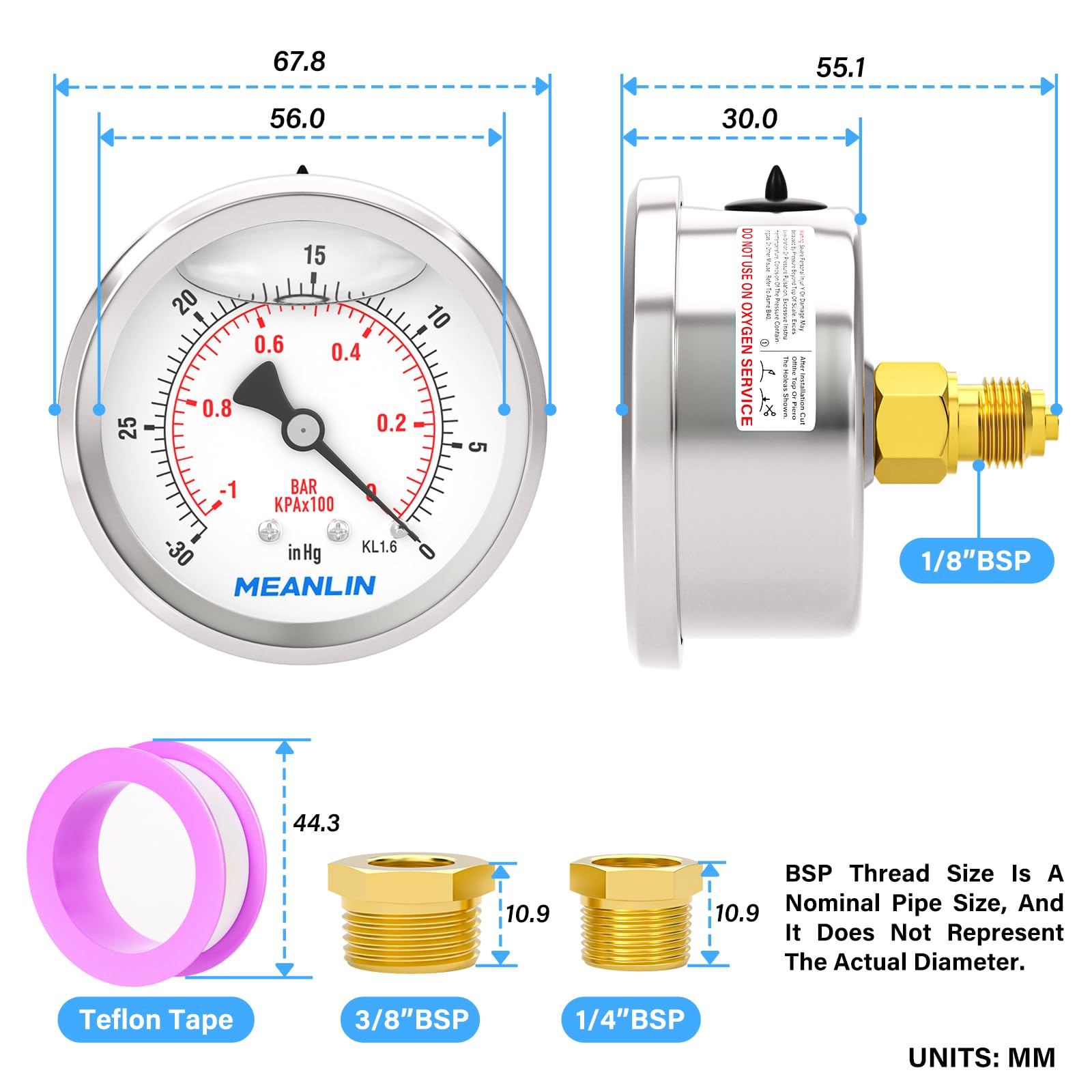 MEANLIN MEASURE -1~0BAR/-30~0in Manomètre à vide à huile en acier inoxydable 1/8"BSP 2.5" WOG Water Oil Air Montage arrière, avec douille hexagonale 1/4" BSP et 3/8" BSP