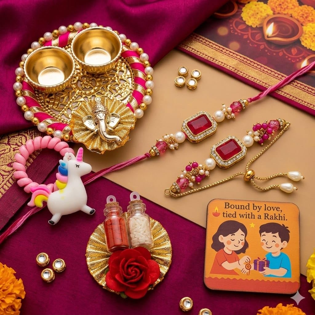 SAUDEEP INDIA Decorative Fridge Magnet for Refrigerator Decor | Lumba Rakhi Set for Bhaiya Bhabhi | Raksha Bandhan Gift Combo | Cotton Thread Rakhi Festive Gift Home Decor(Family Combo)