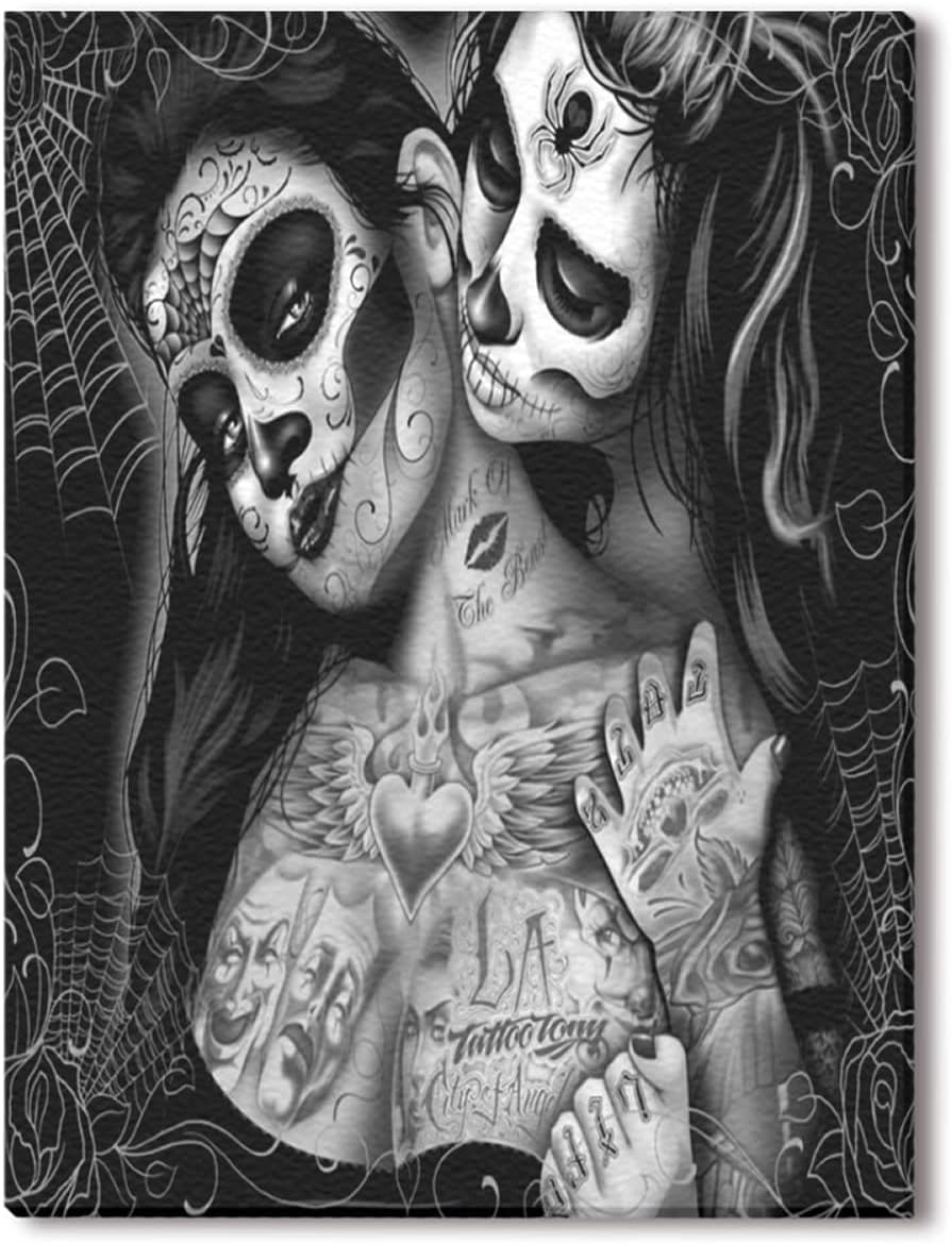 Custom Modern Giclee Canvas Print Wall Art Black and White Art Sugar Skull Flower Canvas Print 12" x 16" Inch Canvas Oil Painting Wall Art Home Office Decor Artwork