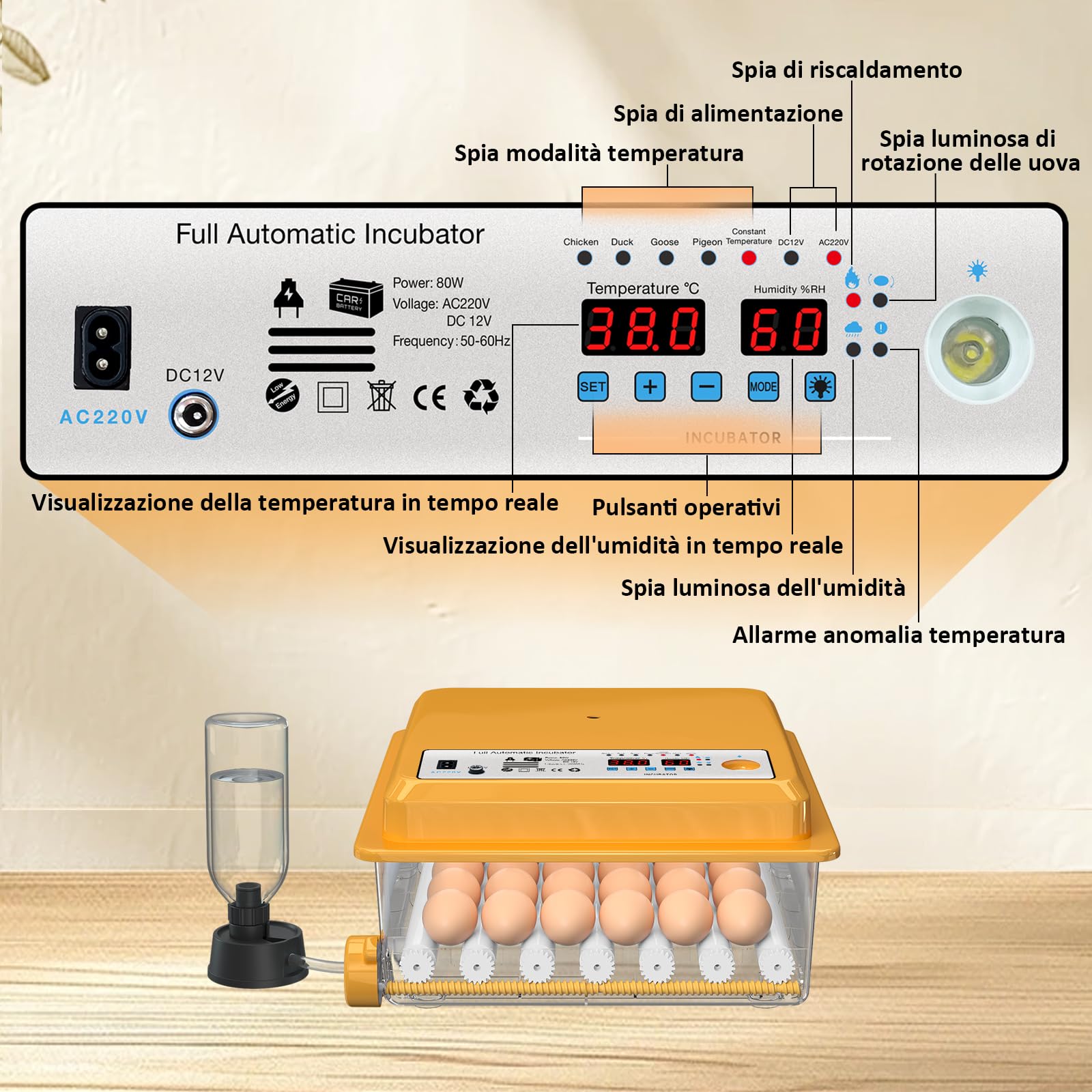 Incubatrice per Uova Automatica, Incubatrice per 36 Uova Gallina con Controllo Temperatura, 5 Modalità di Incubazione Automatica, Display Umidità, Riempimento Automatico dell'acqua e Girando