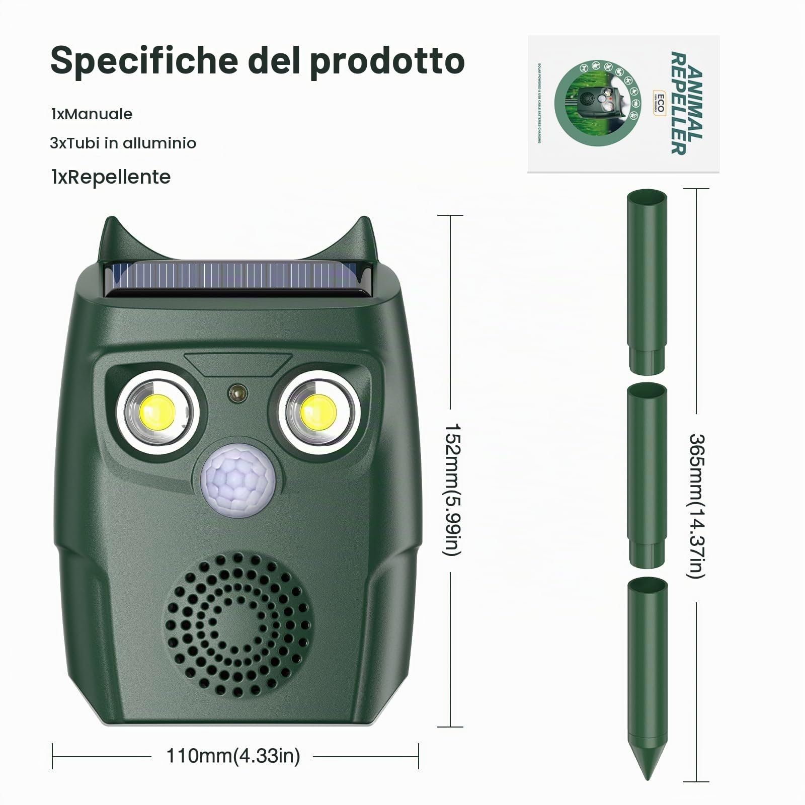 Dissuasori per Piccioni per Giardino, Repellente per Gatti a Ultrasuoni con sensore di movimento, 3 Modalità a Ultrasuoni e flash possono automaticamente, resistente alle intemperie, Solare