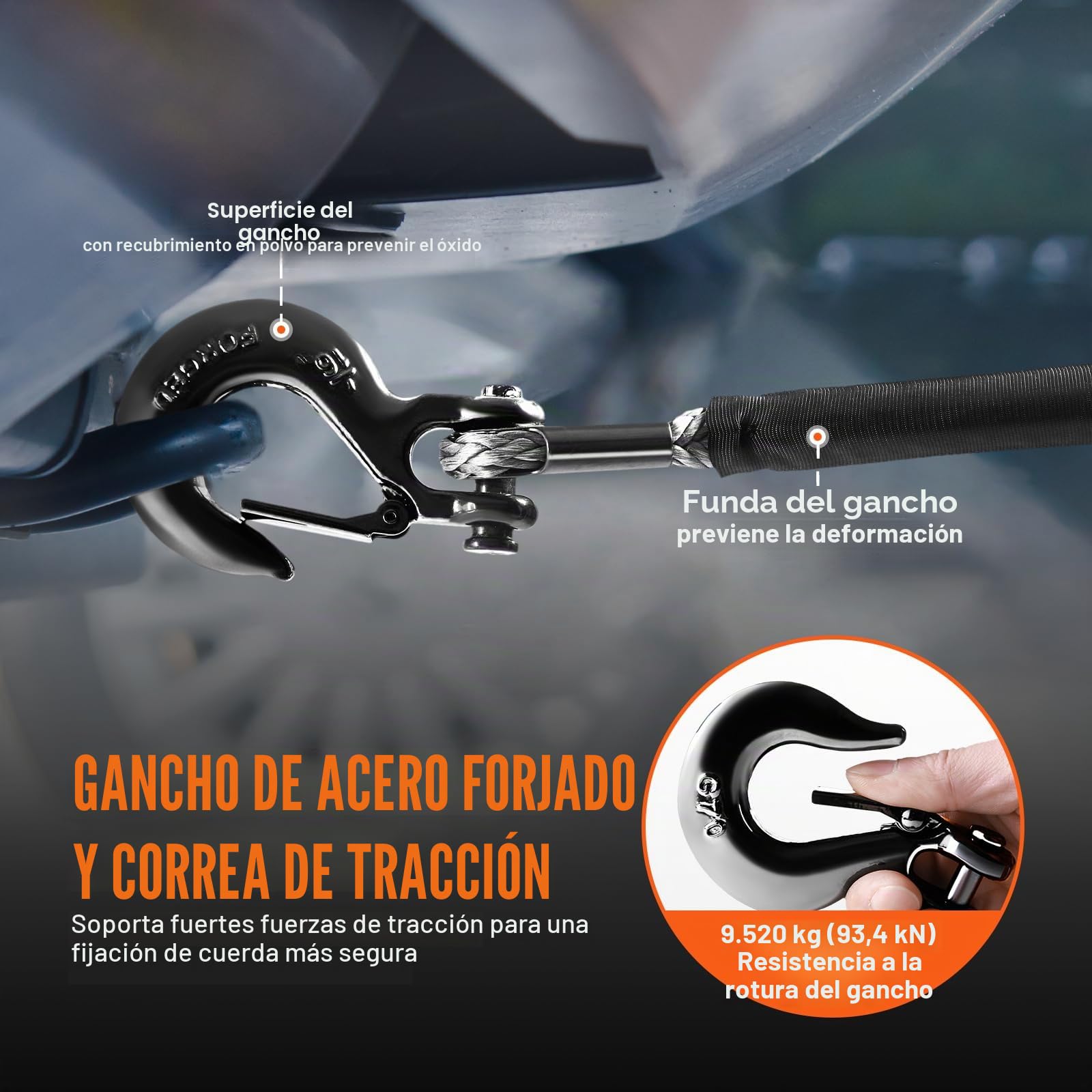 VEVOR Cuerda de cabrestante de 9,5 mm x 30,5 m, cable sintético de resistencia a la rotura de 117,9 kN con funda protectora, gancho de cabrestante forjado, correa de tracción para SUV, vehículos todot