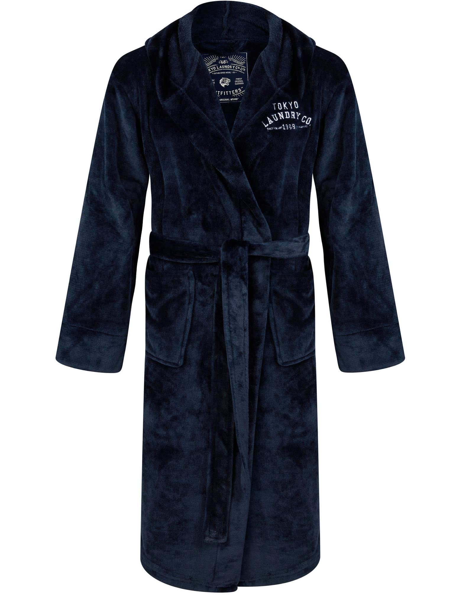 Tokyo Laundry Men's Blue Kirkway Soft Fleece Hooded Dressing Gown With Tie Belt In – - M