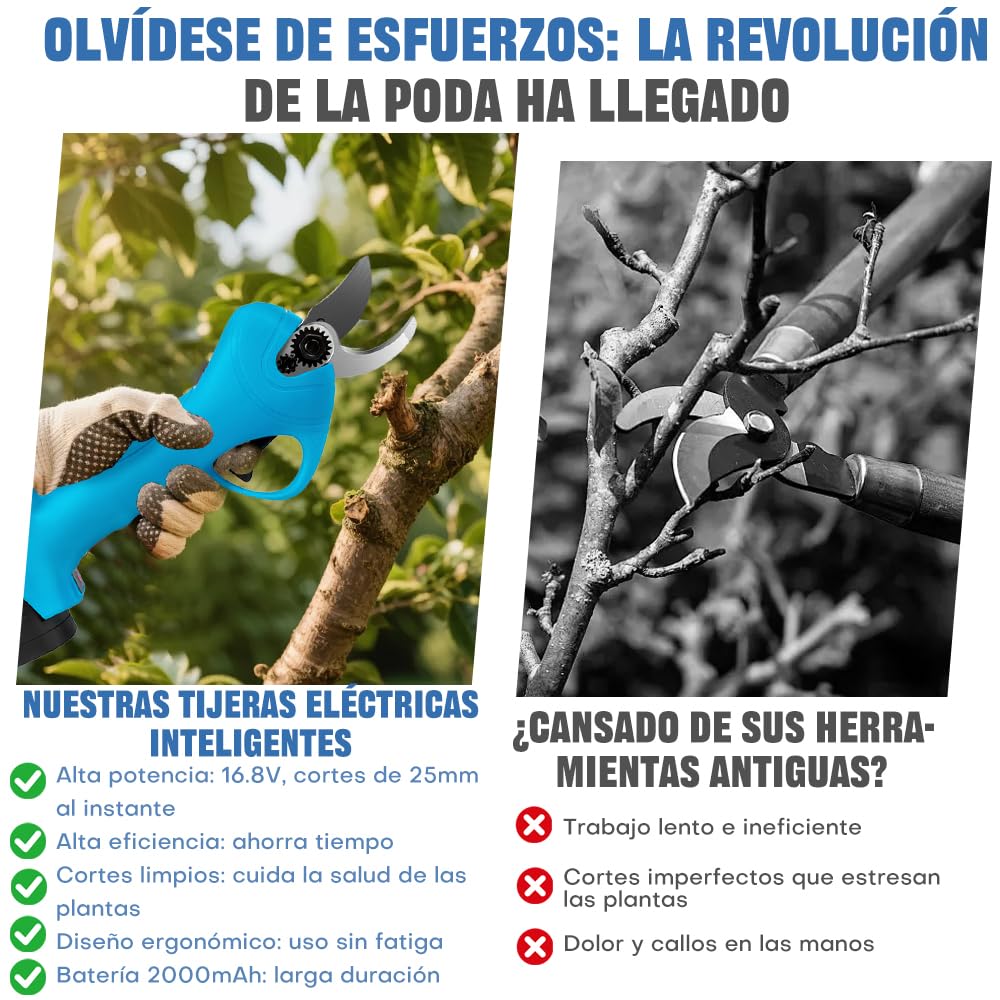 Eachbid Tijeras de Podar Electricas para Jardín Tijeras Podadora Inalámbricas Profesional Resistente Diámetro de 25mm 16,8V