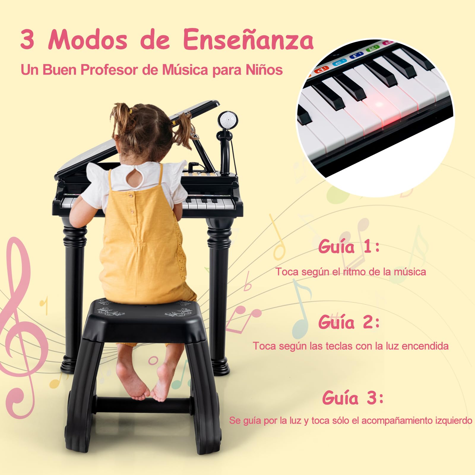 GOPLUS Piano Infantil de 31 Teclas, Piano Electrónico para Niños con Taburete, Micrófono y 3 Modos de Aprendizaje, Juguete Musical, Niños (Negro)