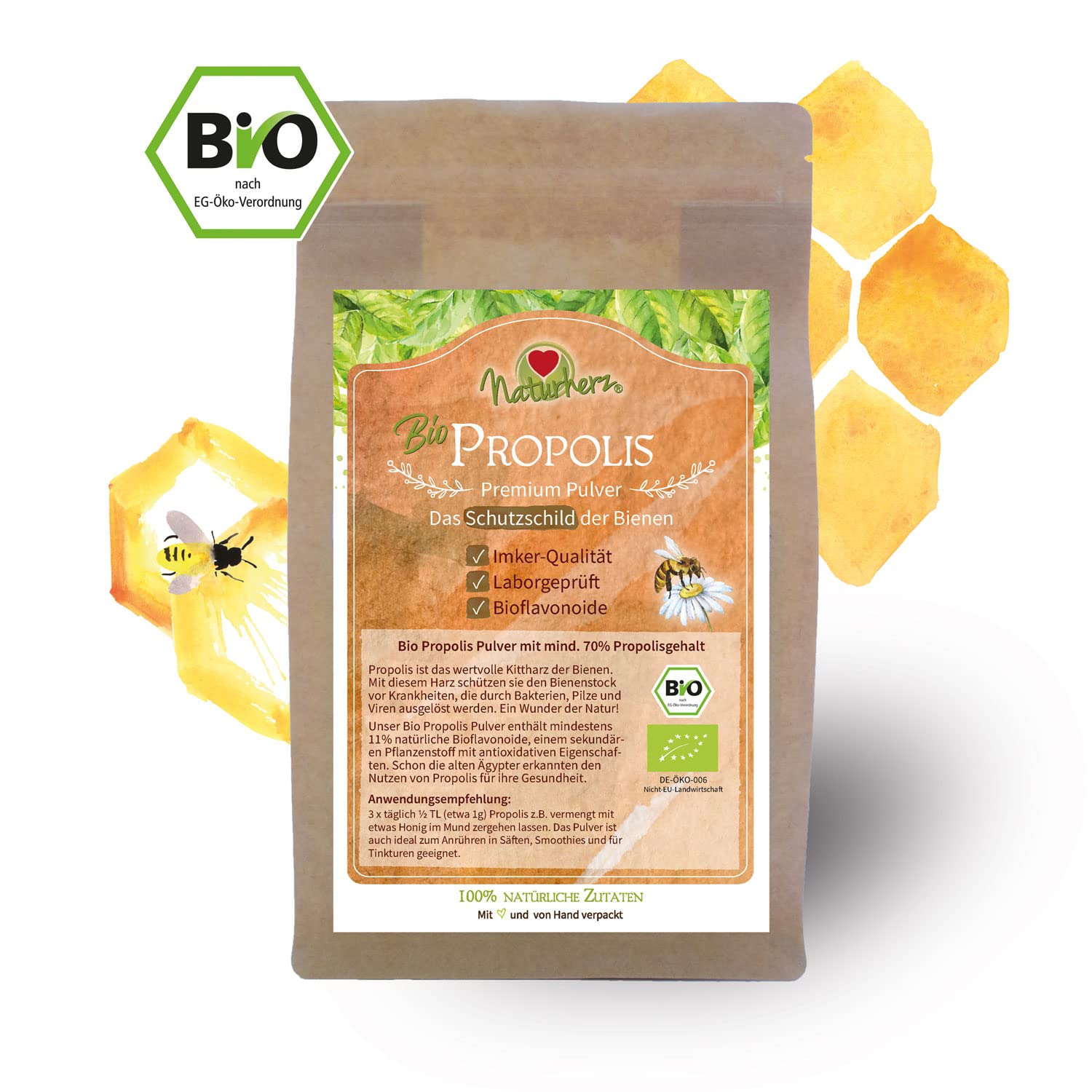 Propolis Pulver Premium BIO - Vitamine: A, B1, B2, B3 und Biotin - Ideal zur Herstellung von Salben, Tinkturen oder Cremes - Premium Lebensmittel-Qualität vom Imker (500 g)