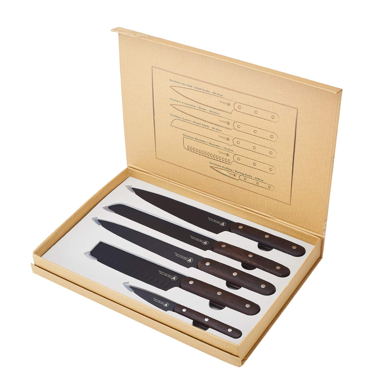 LAGUIOLE - Set de 5 couteaux de cuisine - Lame noire - Manche en bois de hêtre - - - multicolore