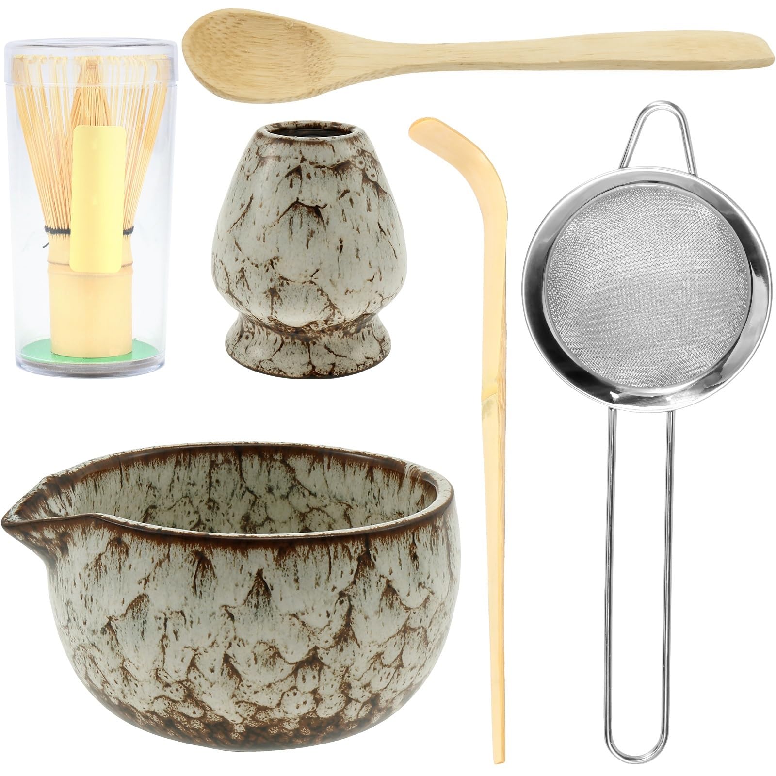 Juego de 6 batidores matcha. Incluye soporte for batidor, cuenco cerámica, colador acero inoxidable, cuchara for té, madera Te matcha kit(White)
