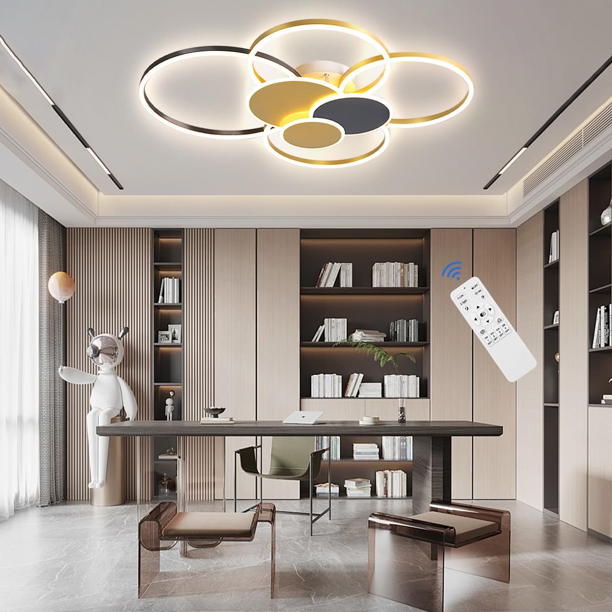 Lxysy LED Ceiling Light Dimmable Living Room Light Modern, Ceiling Light Bedroom Ceiling Light Black for Living Room, Dining Room, Kitchen, Office (Black + Gold, L80*W60*H13CM)