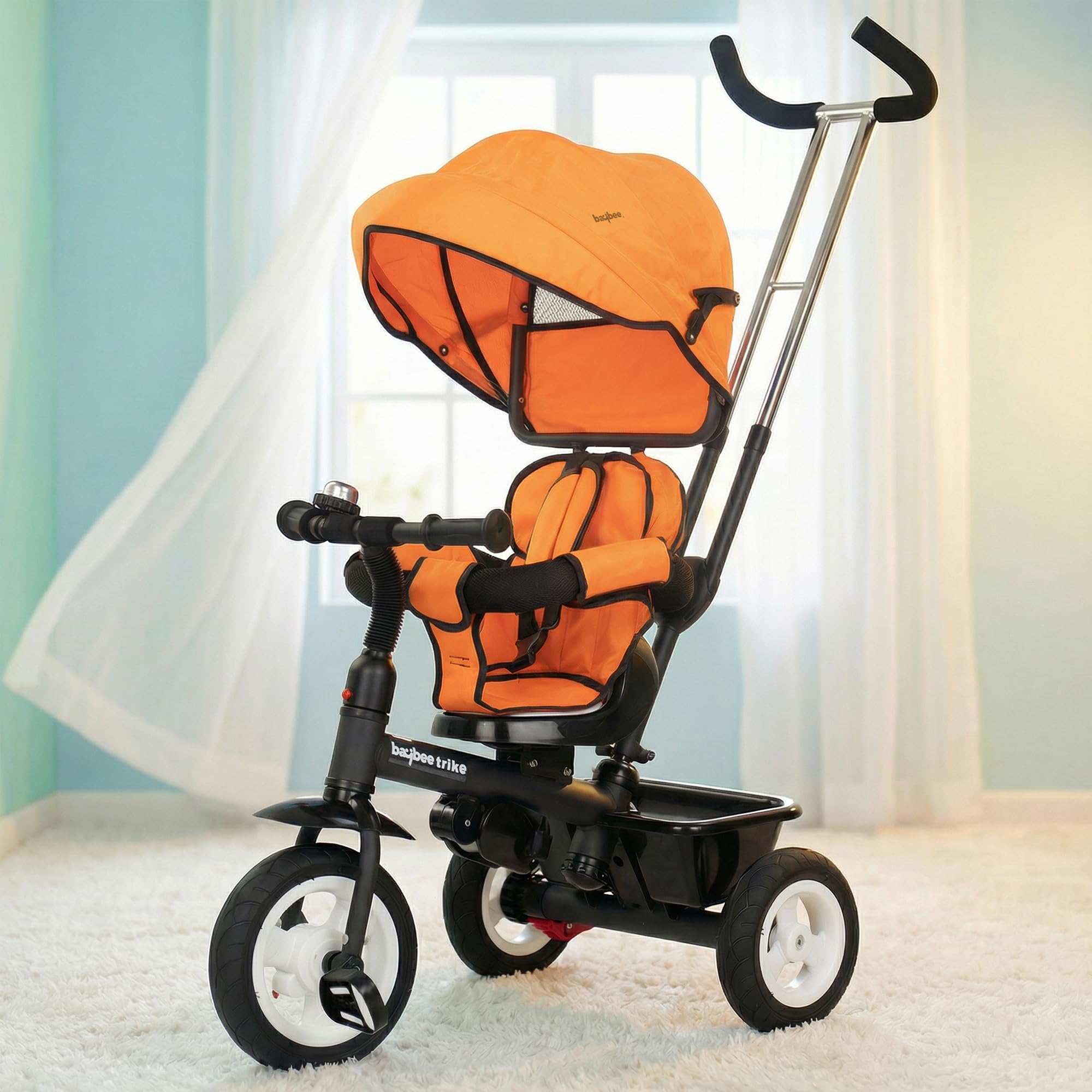 Mario 3 in 1 Baby Tricycle for Kids with Parental Handle & 360° Rotatable Seat | Balance Trikes with Canopy, Storage & Footrest | Baby Cycles for Kids 3 to 5 Years Boys Girls (Orange)-image-35