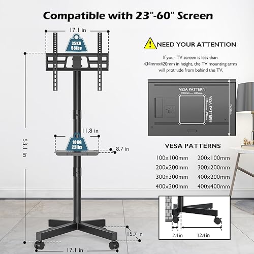 Miniatura 5 de BONTEC Soporte de TV móvil con inclinación, carrito de TV rodante con estante multimedia y ruedas, se adapta a televisores LED de 23 a 60 pulgadas,