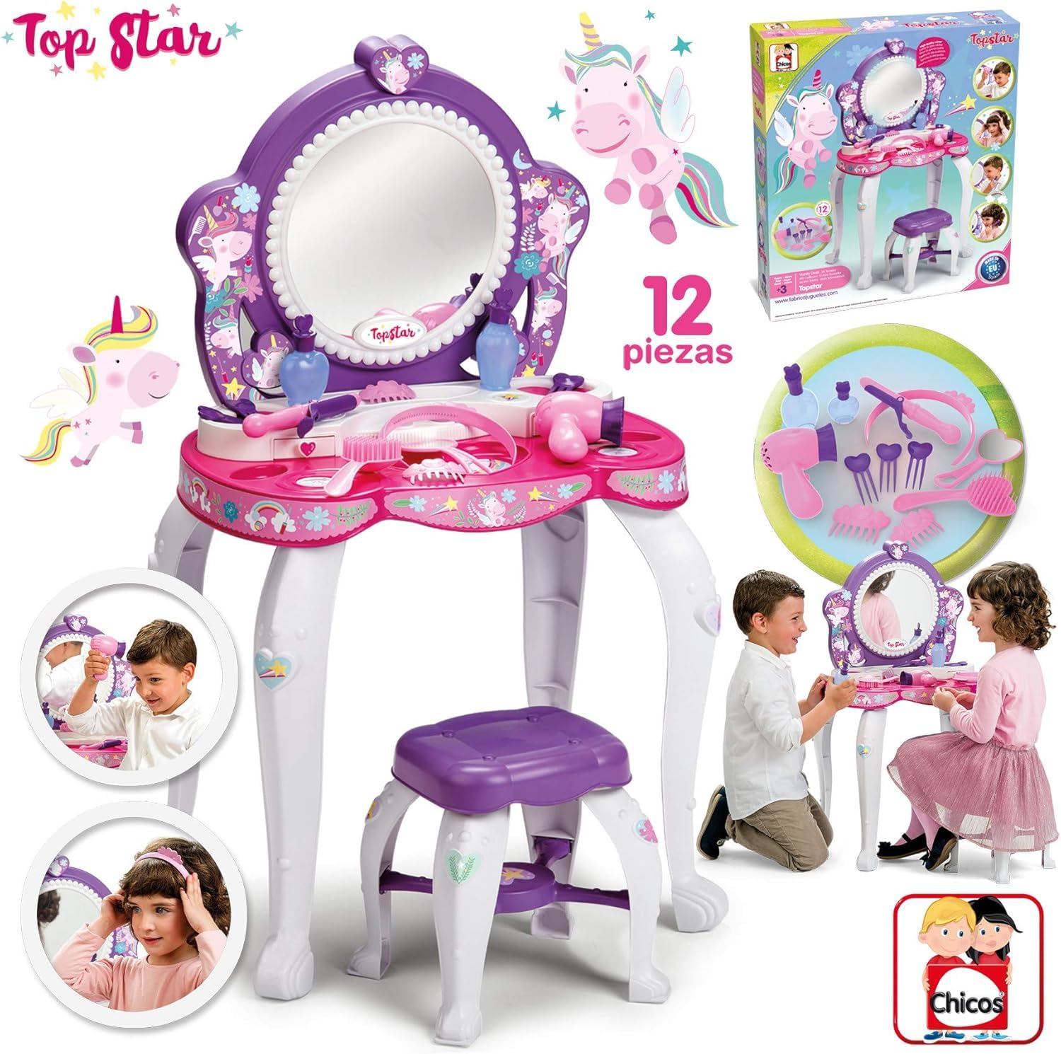 Chicos - Tocador Infantil Top Star Unicornio para Niñas | Juego de Maquillaje Infantil con Espejo y Taburete | Incluye 12 Accesorios, Secador y Diadema | Para Niñas a partir de 3 Años (87398)