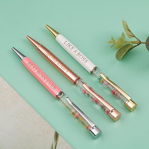 Miniatura 2 de Juego de 3 bolígrafos Boss Lady, regalos Boss Lady de tinta negra para mujeres, bolígrafos de punta de bola florales rosa, oro rosa y blanco,