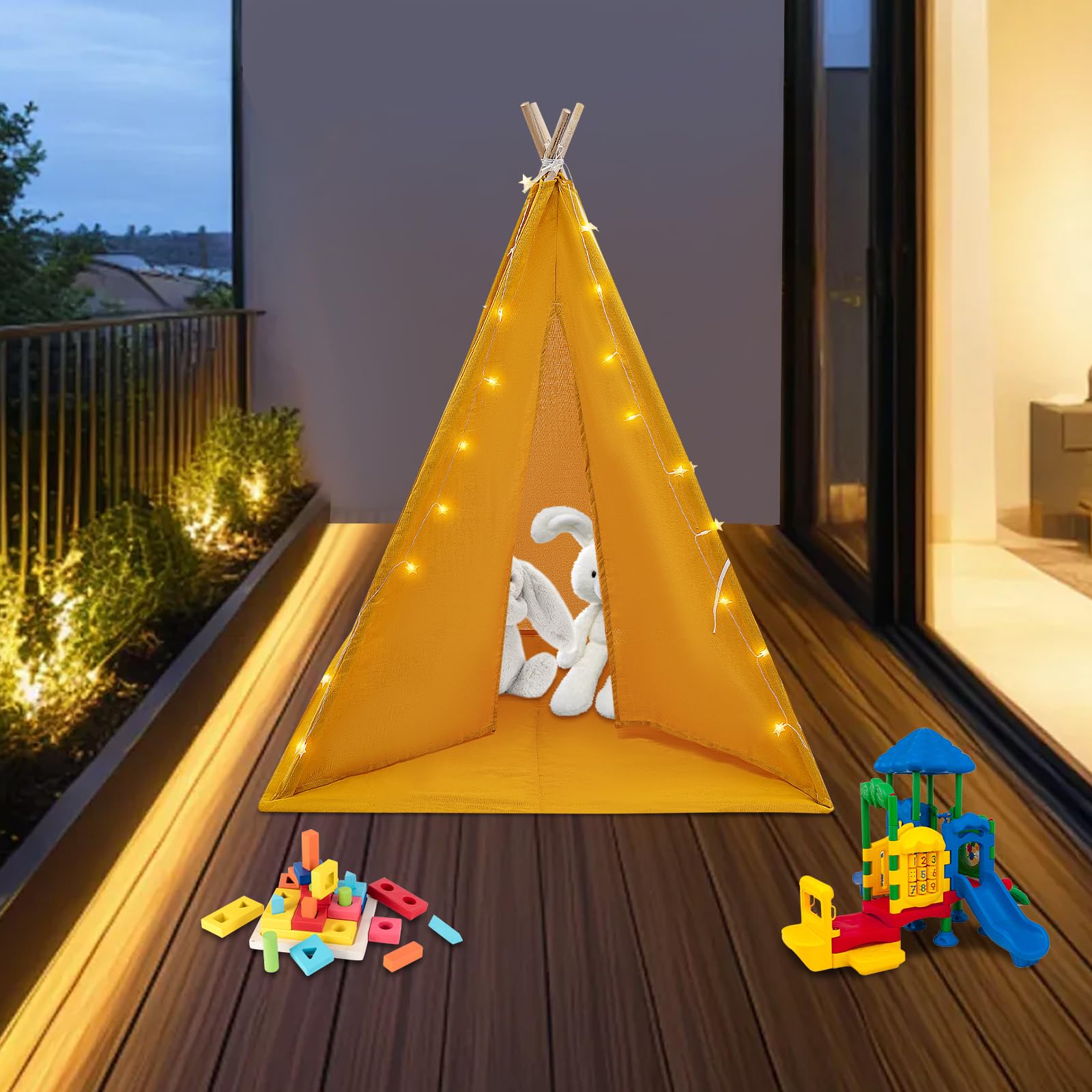 Tenda per bambini, capanna per interni per bambini, tenda Tipi ragazza ragazzo, cotone lino, tappeto imbottito, fissatori, ghirlanda luminosa, angolo lettura e gioco, decorazione per compleanno