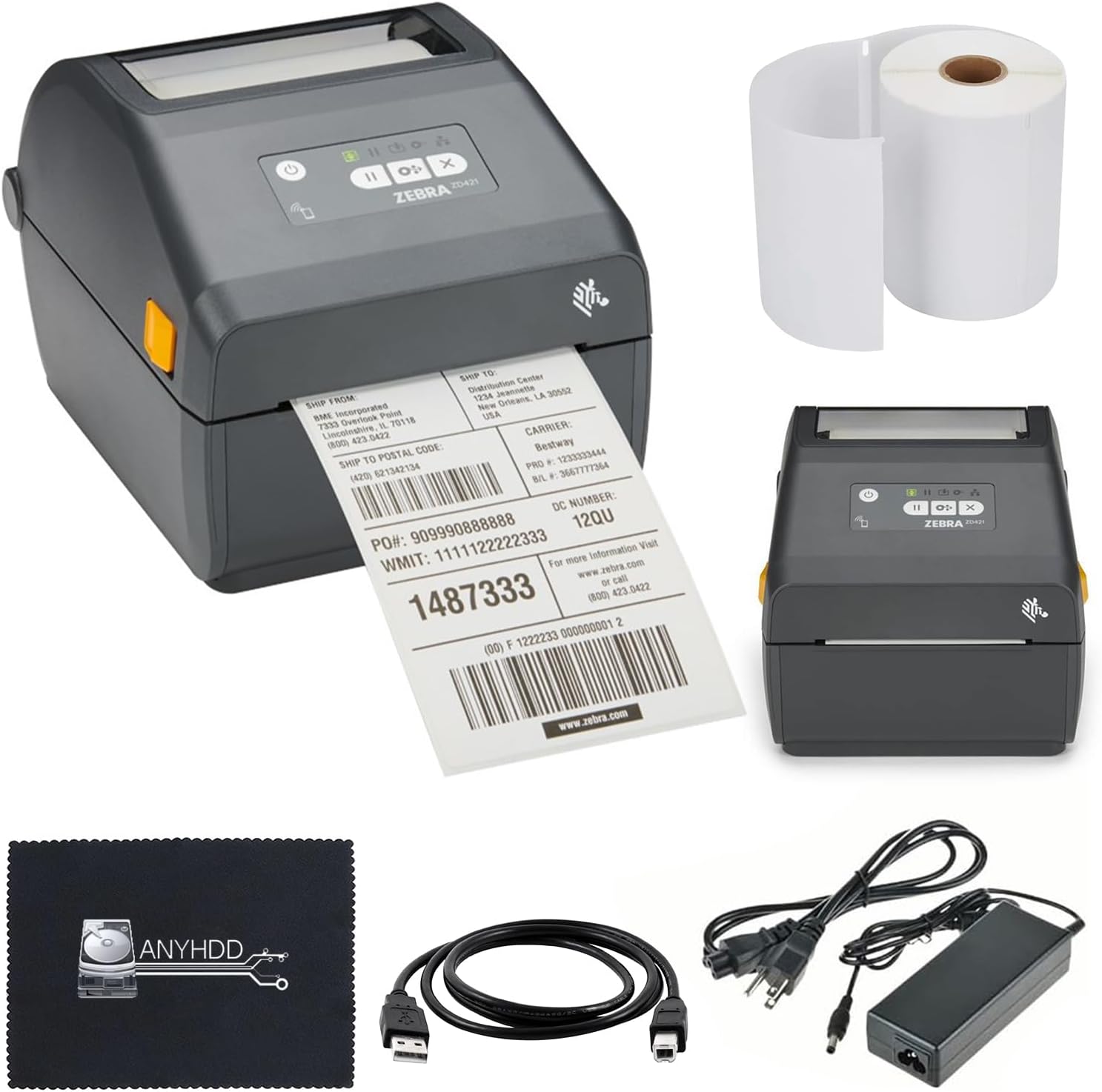 - Zebra ZD421 (ZD4A042-D01M00EZ) USB/Bluetooth - Zebra GK420d Replacement, Direct Thermal Label Printer 203 dpi with 4x6 Thermal Roll + Power Adapter + USB 2.0 Cable + Microfiber Cloth Included