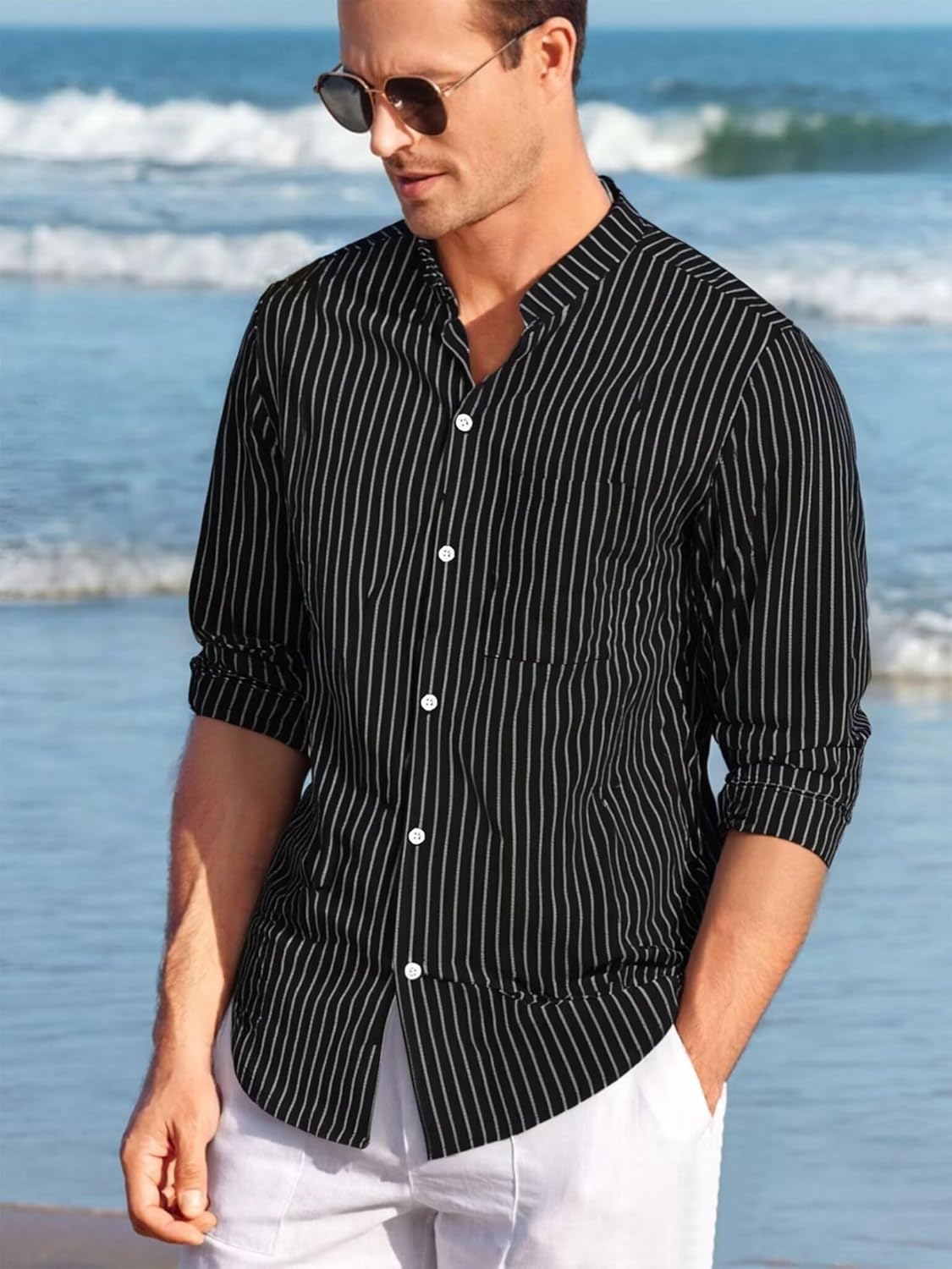 BAYAMO Men's Button-Down Henley Shirts Long Sleeve Cotton Linen Striped Shirts for Men Casual Fashion Business Shirt with Pocket (Black L) - Image 2