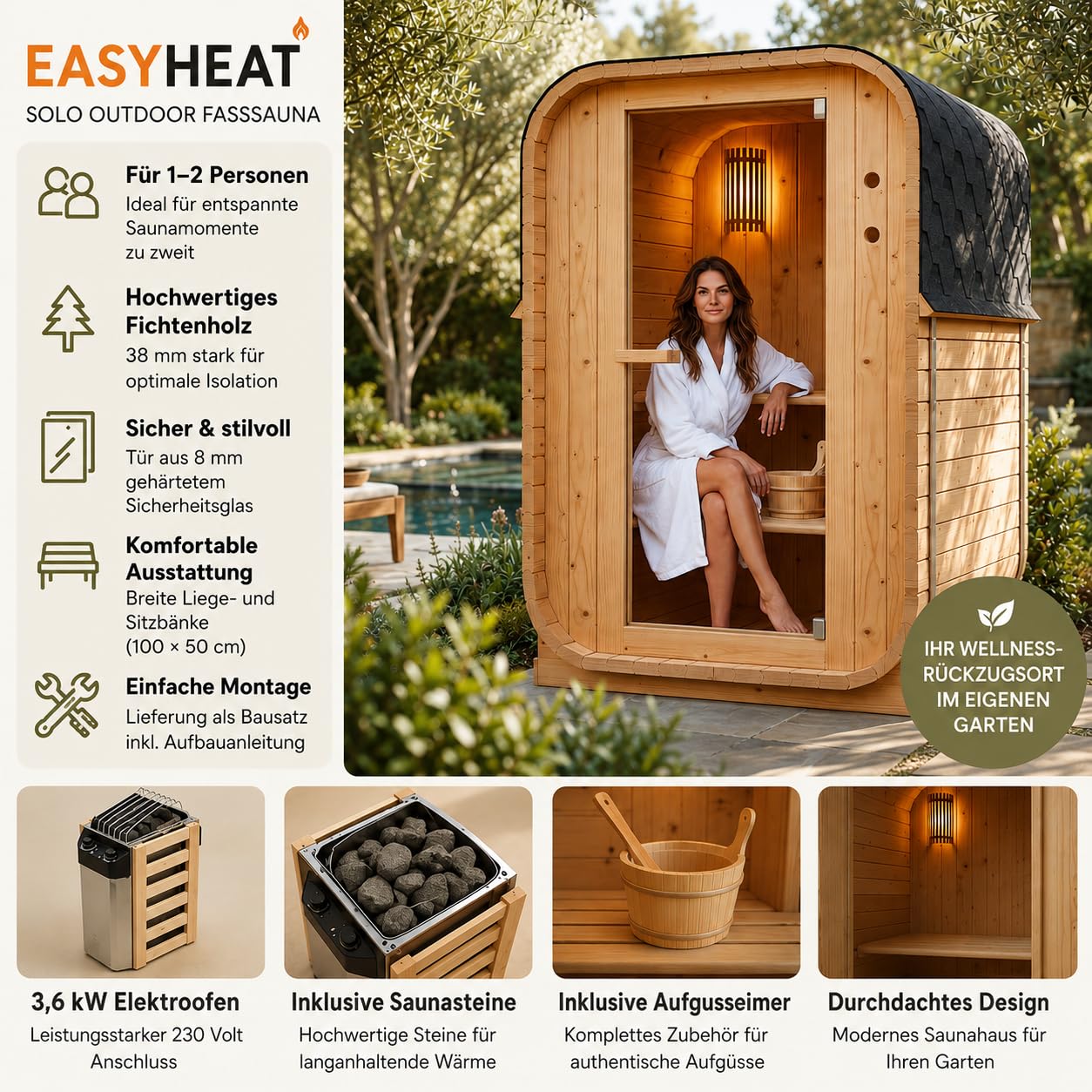 WELCON Easyheat Solo Outdoor - Sauna de barril para exteriores (120 x 120 x 194 cm, madera de abeto, 230 V, 3,6 kW, horno eléctrico, 1-2 personas, con piedras para sauna y cubo de infusión)