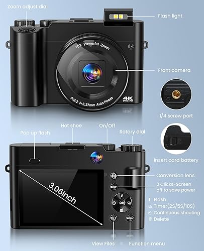 Miniatura 9 de Cámara Digital 4K para Fotografía con Enfoque Automático, Cámara de Vlogging de Doble Lente de 64MP para Video Anti-Vibración, Cámaras de Viaje con