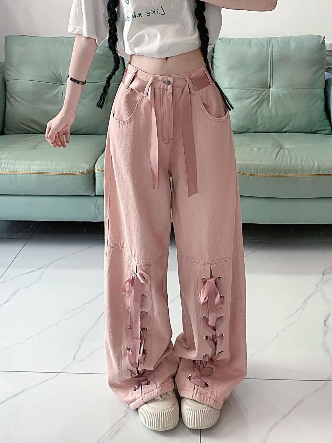Y2K Bow Tie Jeans for Women Baggy Casual Wide Leg Pants Kawaii Straight High Waist Drawstring Pink Trousers - Image 5