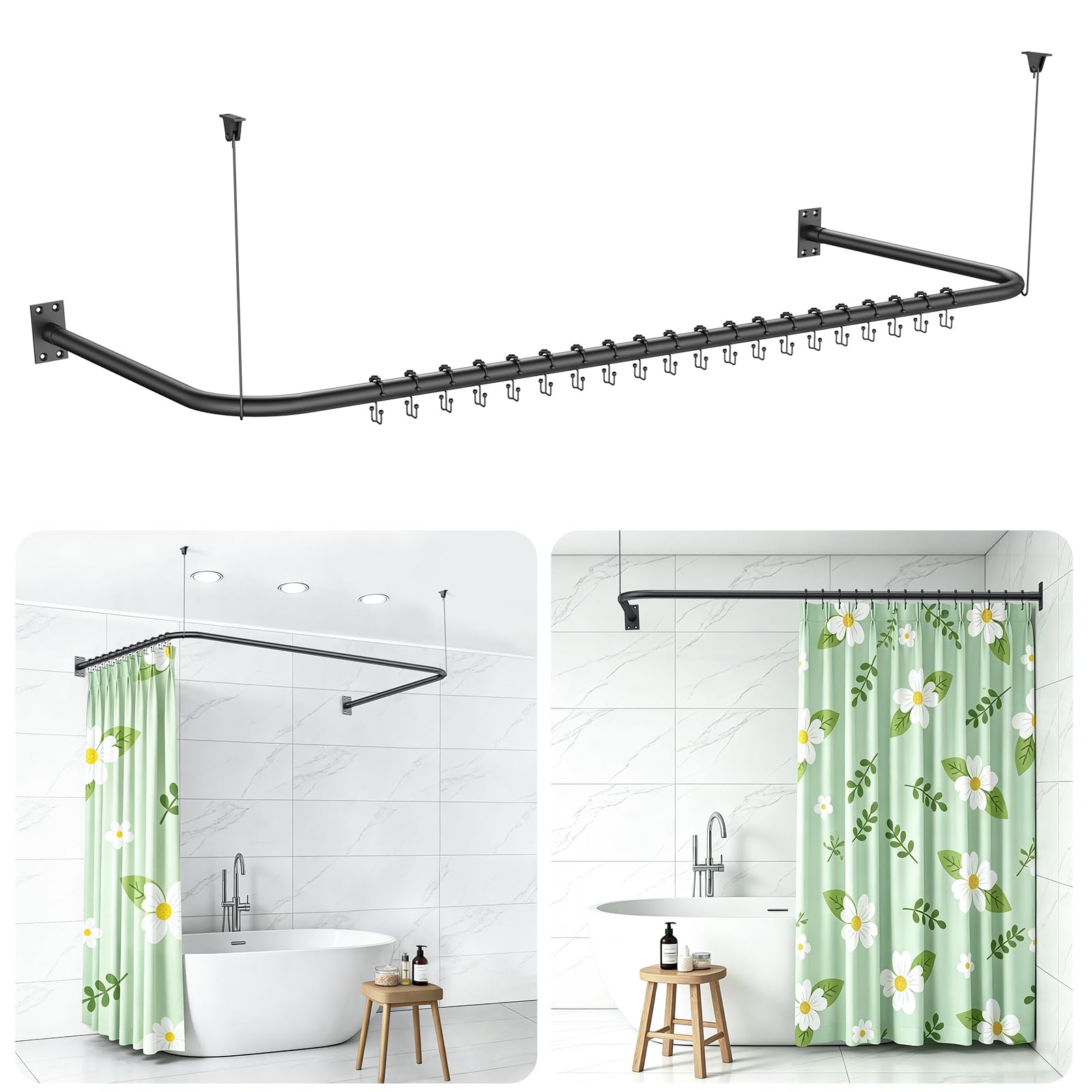 Barre de rideau de douche en forme de U/L [75-78x150-190x75-78] cm | barre de douche d'angle réglable incl. 20 anneaux de rideau, barre de douche d'angle pour baignoire noire