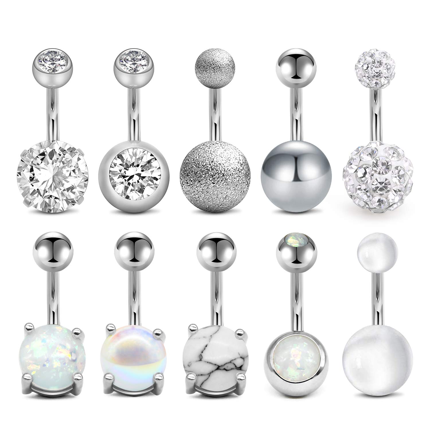 VCMART8-10pcs Belly Button Rings 8mm Navel Bars Set Stainless Steel 14G Silver Rosegold Piercing Opal Crystal