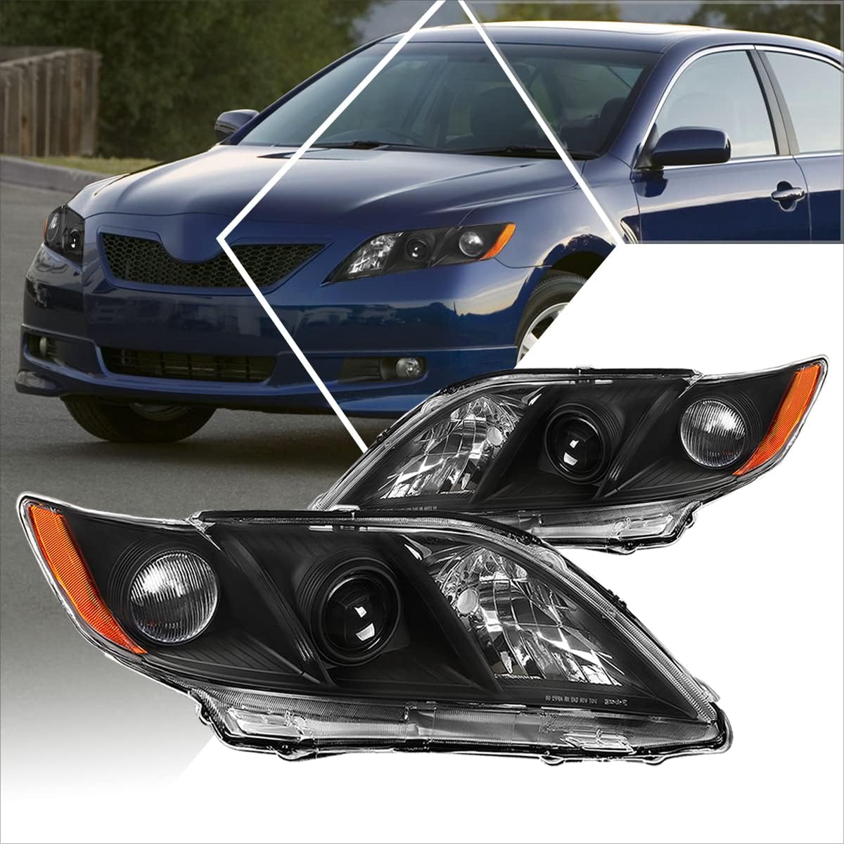 PM PERFORMOTOR 2Pcs Projector Headlights Assembly Compatible with Camry 07-09 | Headlamps with Chrome Housing Amber Corner