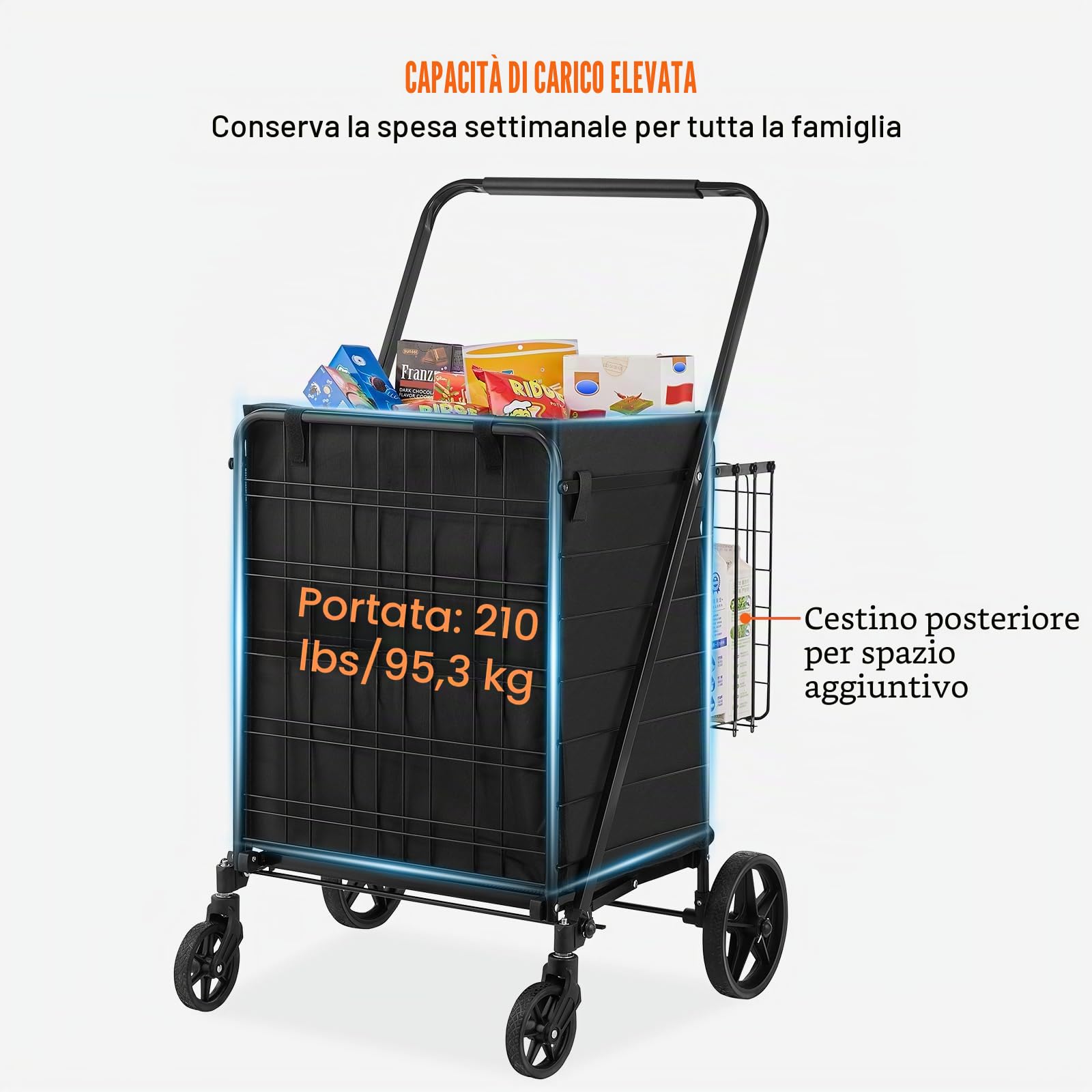 VEVOR Carrello Portabiancheria con 4 Ruote Cesto per Lavanderia Portabiancheria con Cesto Posteriore Portaoggetti Carico Max. 150,5 kg, Cestino Dimensioni Generali 638 x 662 x 1053 mm