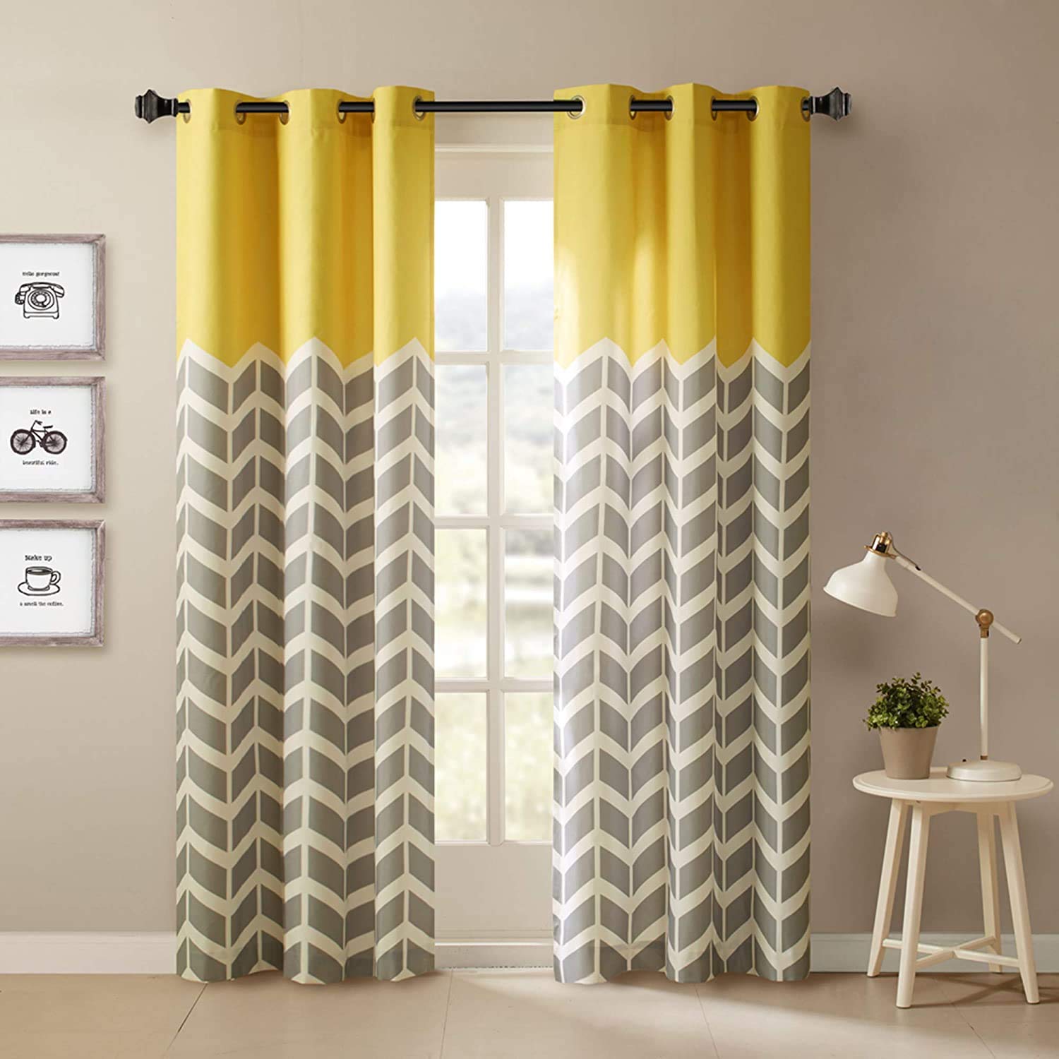 StyleWorth Polyester Silhouette Eyelet Digital Printed Curtain, Yellow, 4 x 7 Feet, Set of 2, Blackout