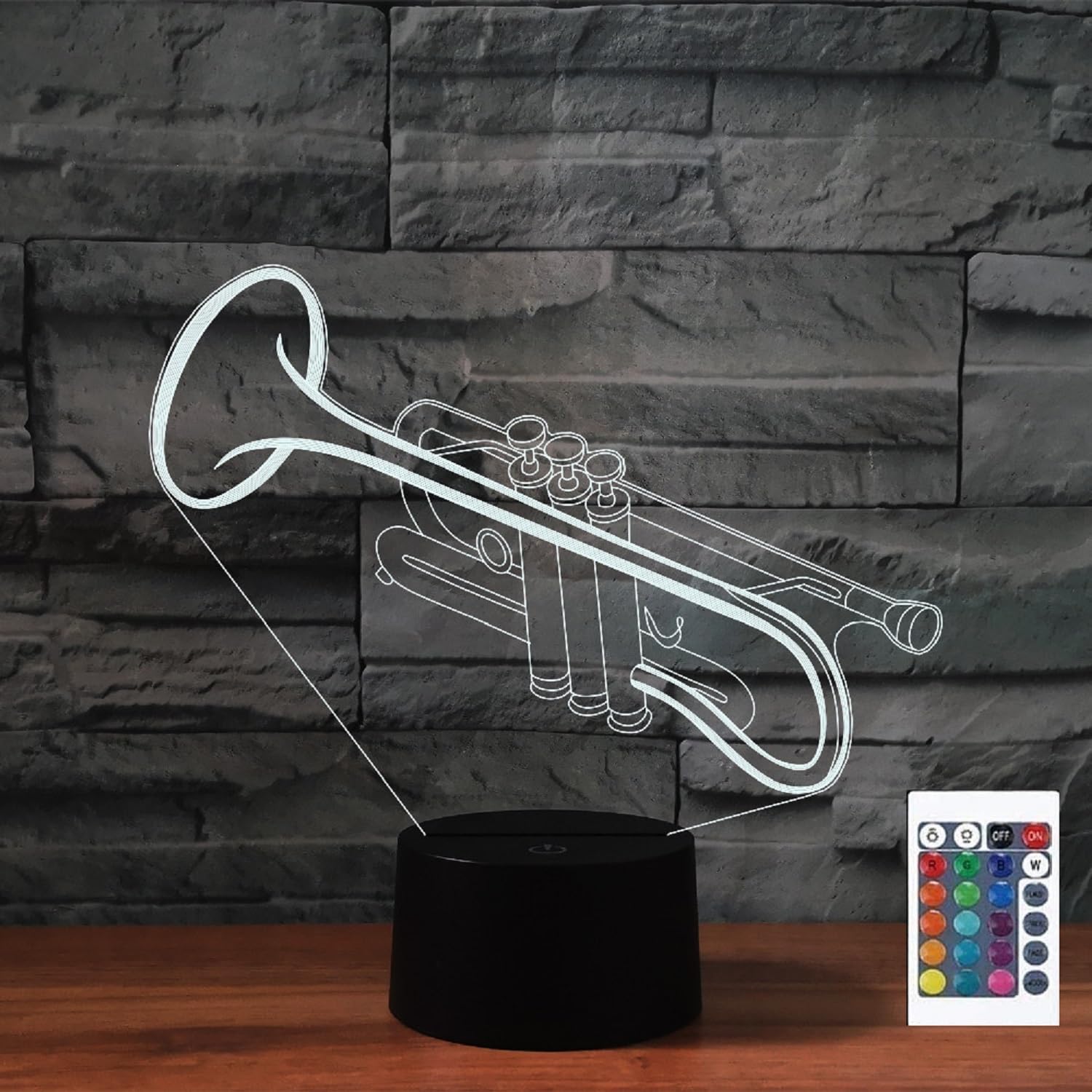 FLRXHK Trumpet 3D Illusion Night Light Touch Table Desk Lamp with Remote Control 16 Colors Optical USB LED for Kids Gift Room Decoration