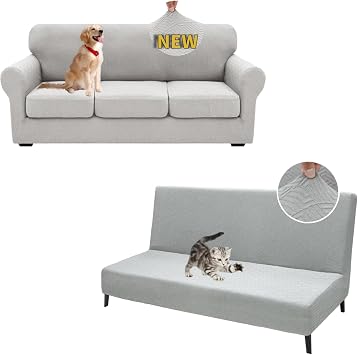 XINEAGE New 4 Pieces Couch Cover for 3 Cushion + 1 Piece Futon Cover Silver Gray