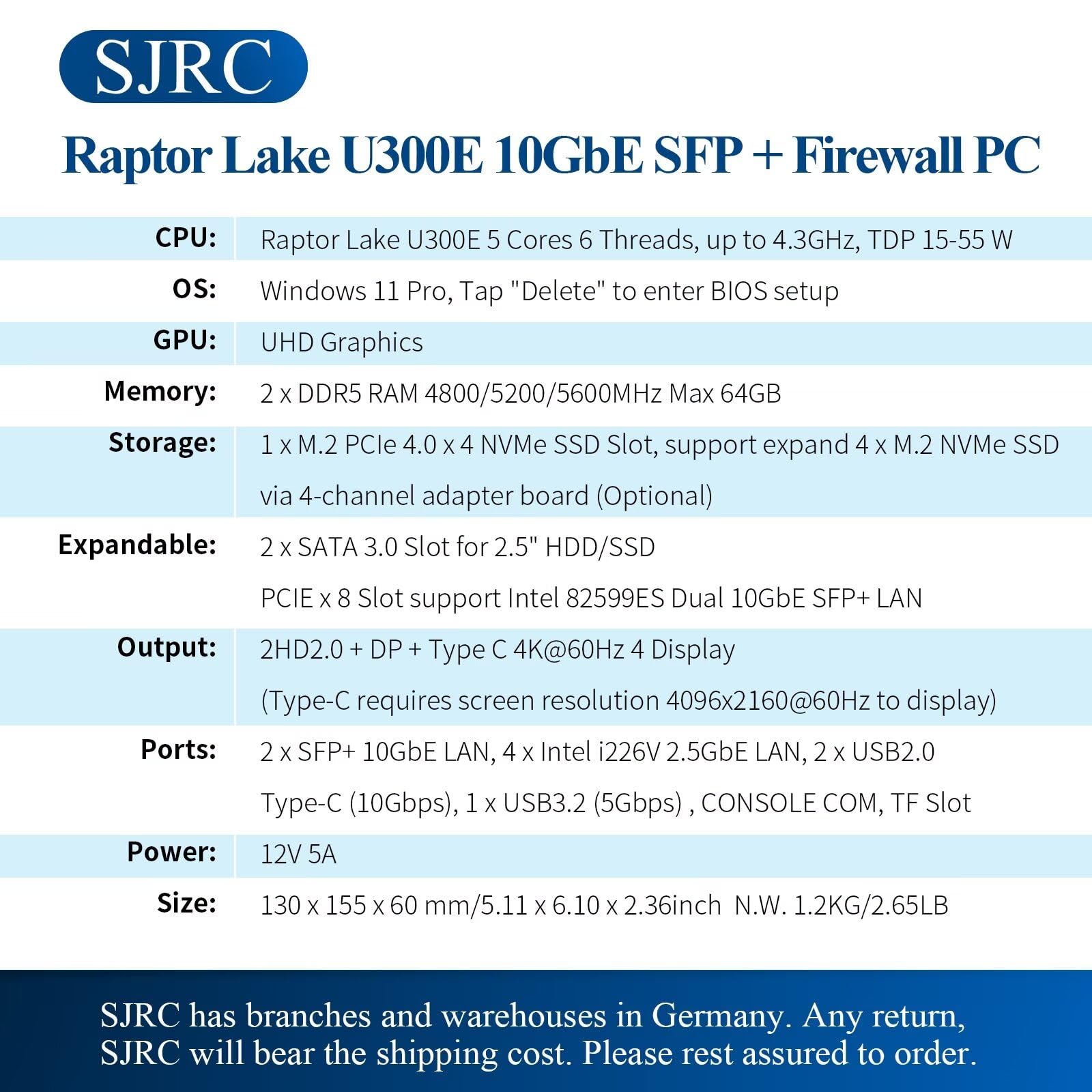 SJRC Firewall Mini PC 10 GbE, 5 cœurs 13e génération U300E Micro application, double SFP+ 10 Gigabit, 4 x i226 V 2,5 GbE LAN, DDR5 8 Go de RAM 128 Go SSD, prend en charge OPNsense, HD, DP, Typc-C, 4K