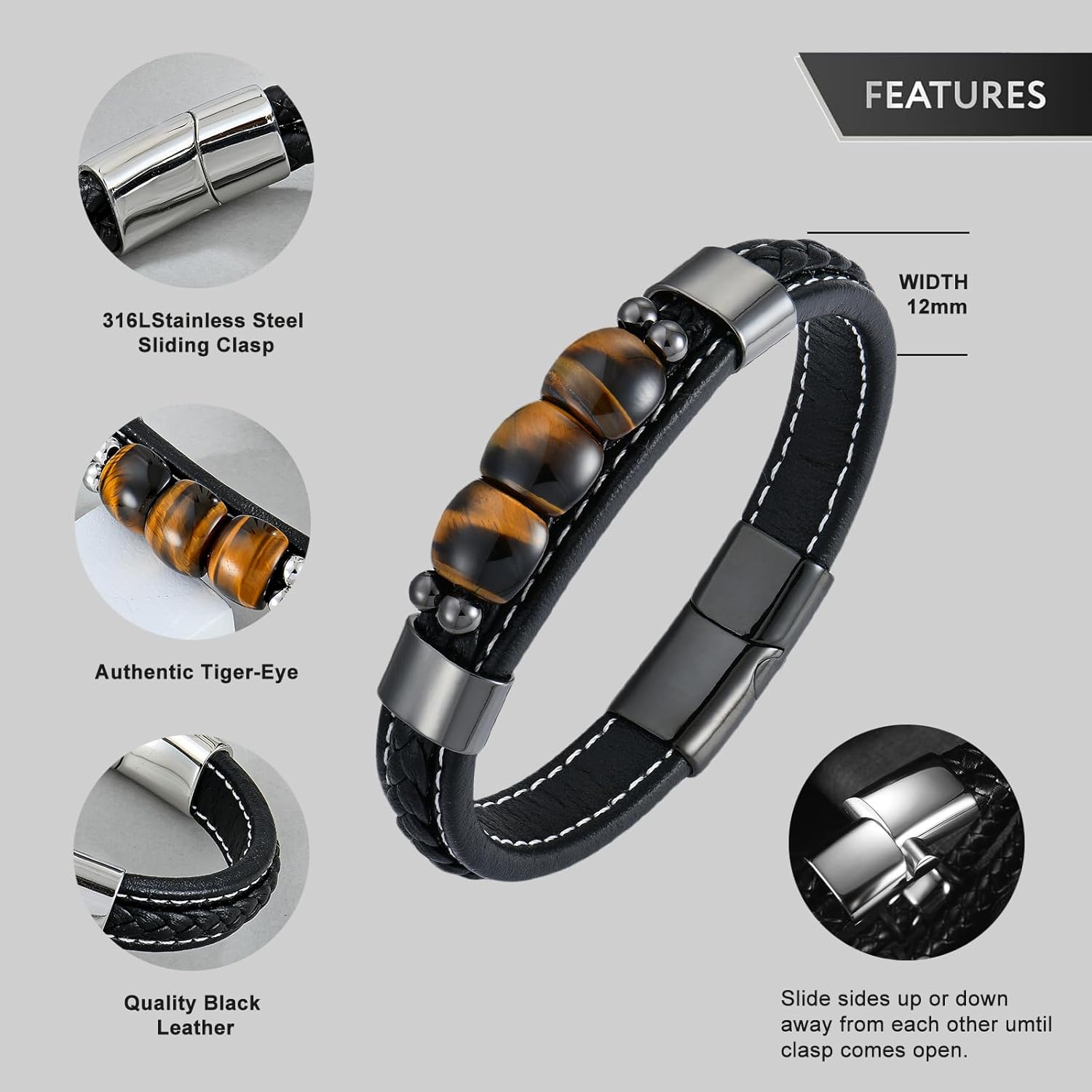 STARCHENIE Multi Strand Bracelet for Men Square Authentic Tiger Eye Black Braided Leather Mens Bracelet and Stainless Steel Buckle - Image 6