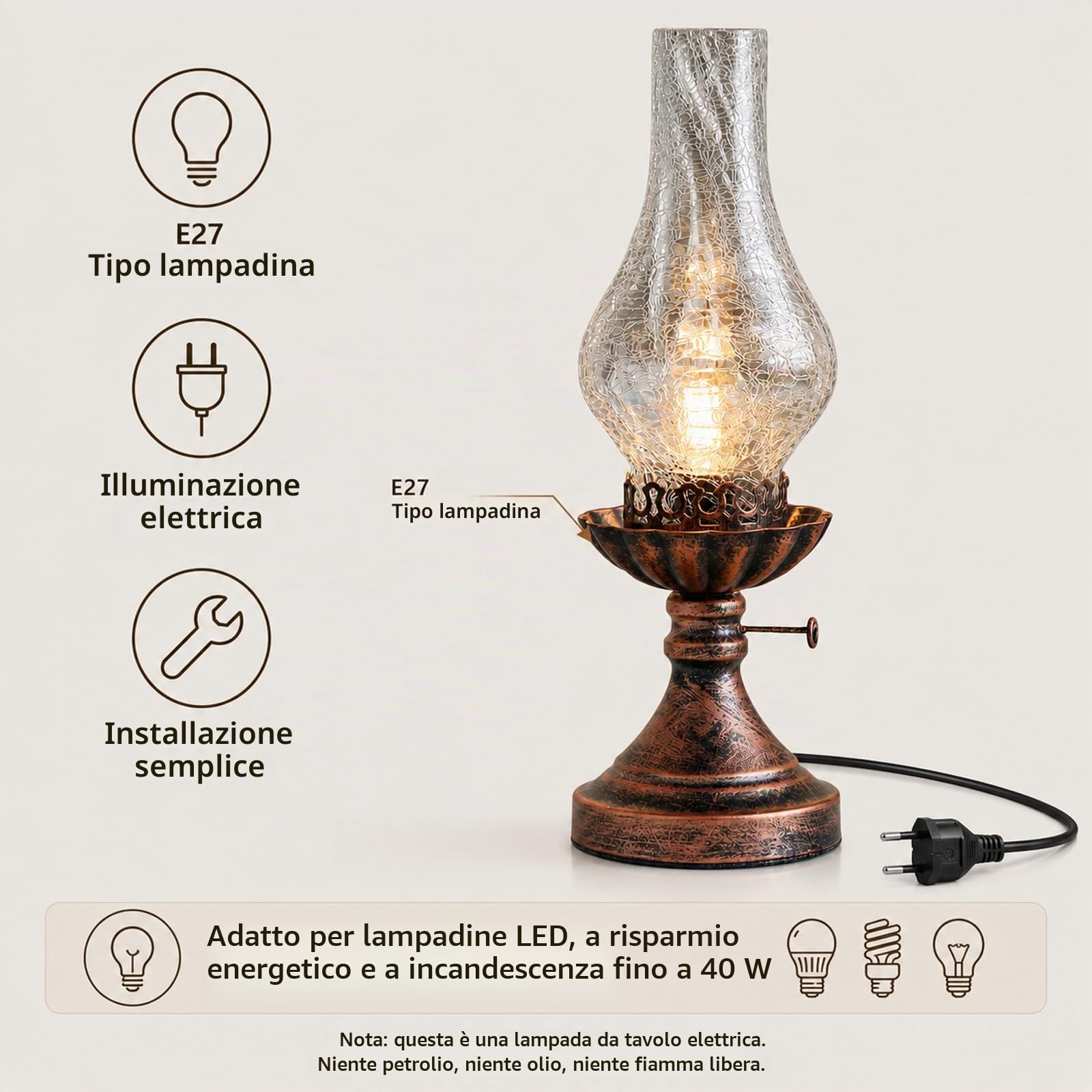 LANMOU Lampada a Cherosene Industriale Vintage, E27 | Lampada da Tavolo da Scrivania In Stile Petrolio, Paralume In Vetro Incrinato, Per Comodino Studio, Interruttore, 220V