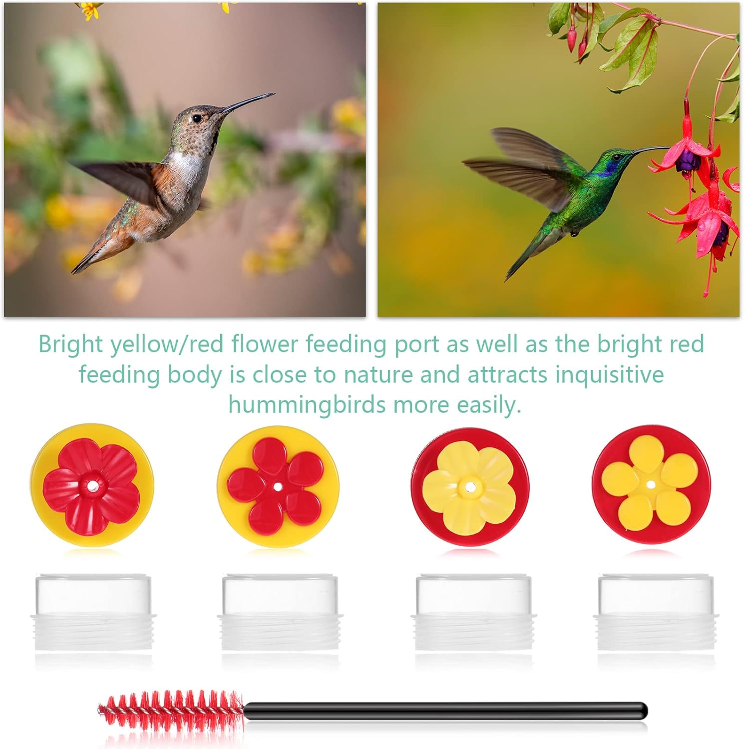 Hand Hummingbird Feeder 4 Pieces Window Flower Hummingbird Feeder Wild Bird Feeders with Cleaning Brush for Outdoor Supplies, Red and Yellow - Image 7