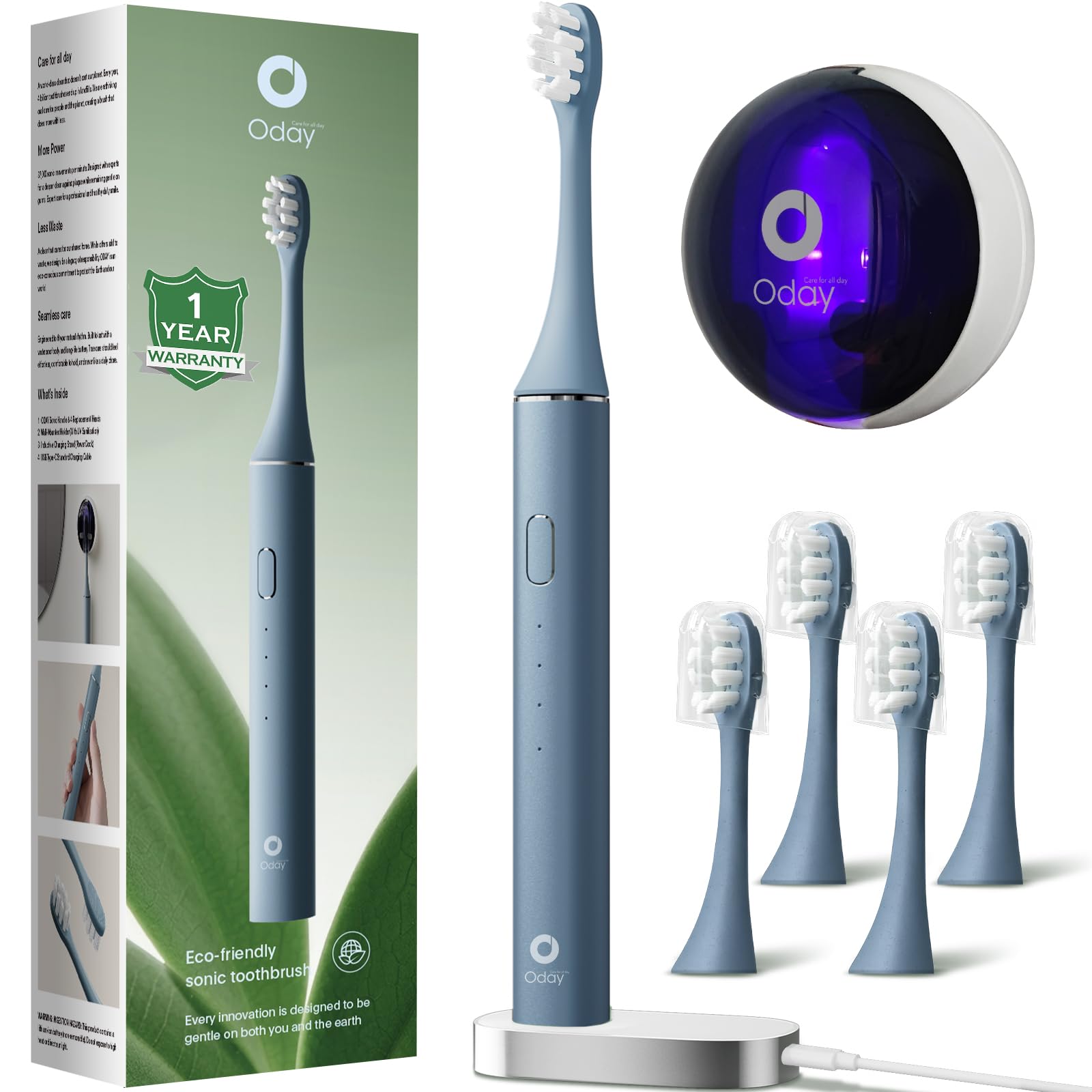 ODAY Sonic Electric Toothbrush for Adults with Wall Mounted Toothbrush Sanitizer Holder and 4 Brush Heads, Wireless Charging, IPX7 Waterproof, 1 Month+ Battery, Blue-image-21
