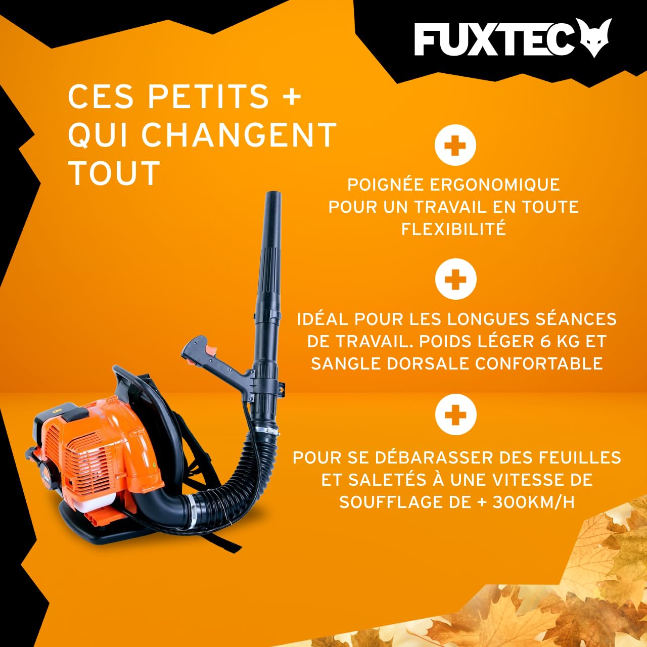 Souffleur À Dos Thermique FUXTEC FX-LB133T, 900W, 33cm3; Vitesse Soufflage 300 Km/h - pour Grandes Surfaces - Souffleur De Feuilles Portatif, Sac à Dos