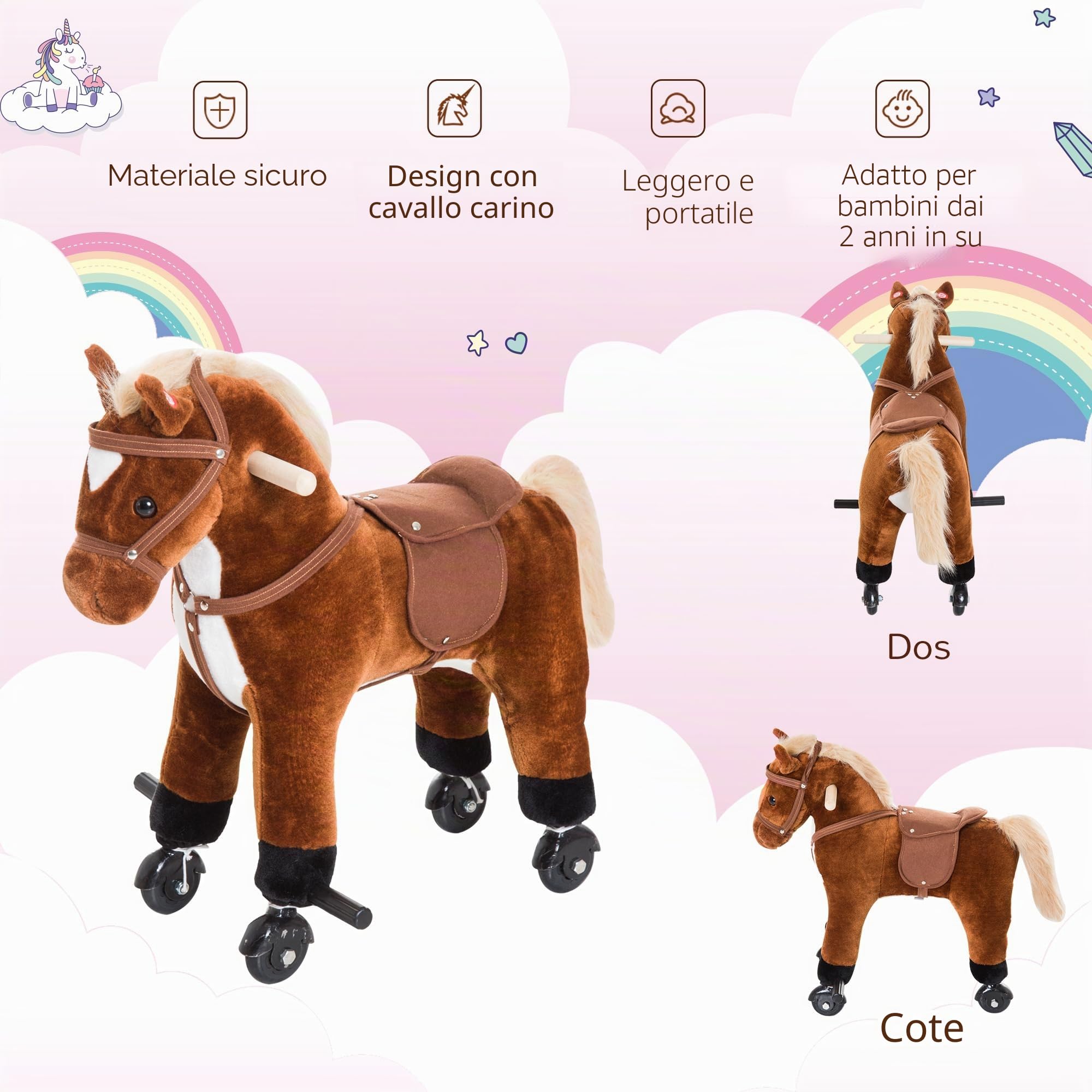 HOMCOM Cavallo per bambini +36 mesi cavallo di peluche con 4 ruote, effetto sonoro, poggiapiedi e manubrio, portata 60 kg 55x23x60 cm Marrone