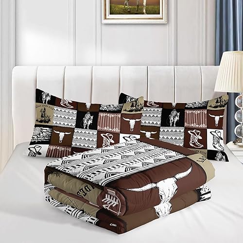 Miniatura 7 de QOOMO Juego de ropa de cama de vaquero occidental a rayas, cuadrícula geométrica, marrón, a cuadros, juego de edredón para niños, con estampado de