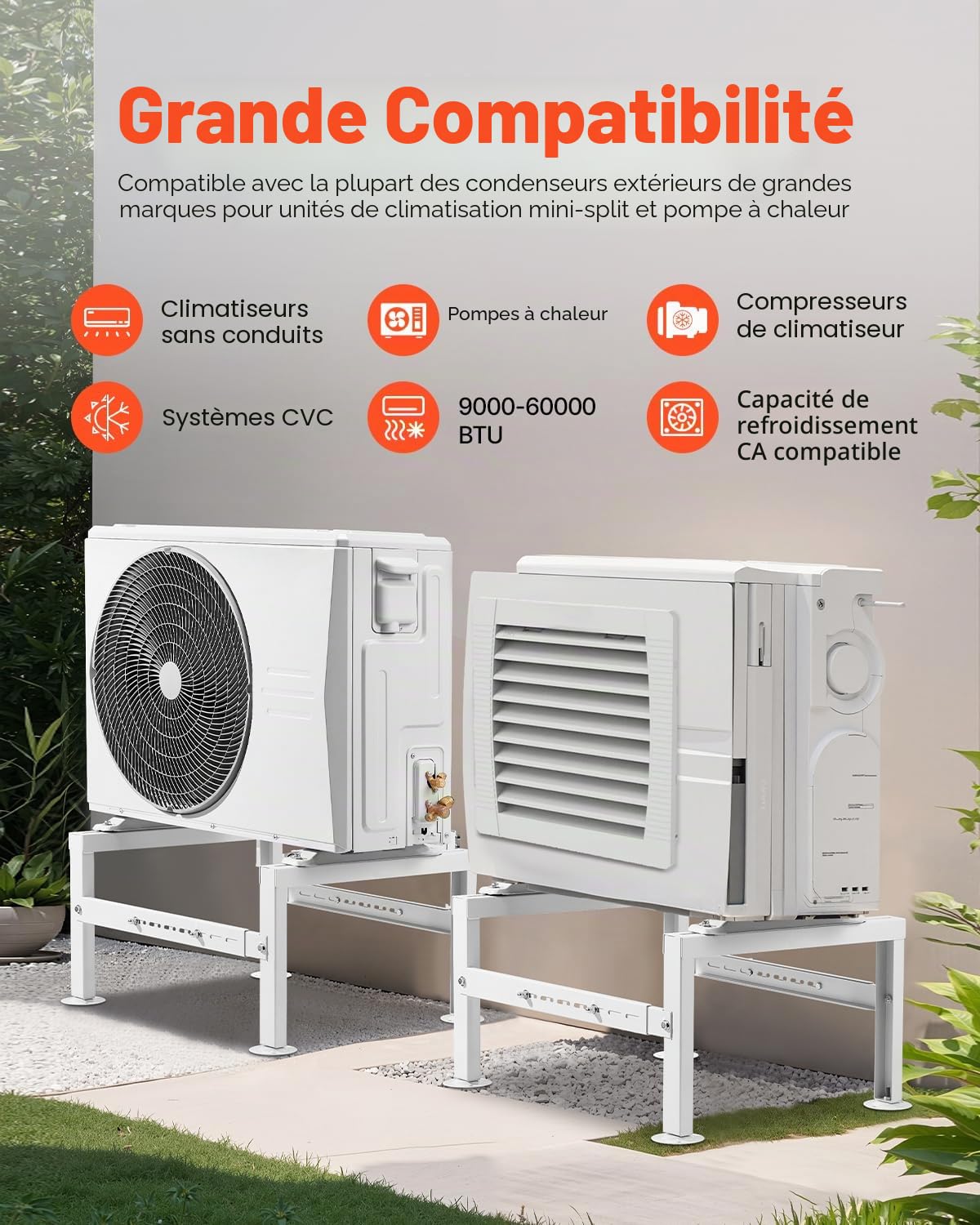 VEVOR Support au Sol pour Climatiseurs Split 9000-60000 BTU Réglable, Charge Maximale 350 kg, Conception Universelle, Réduction du Bruit et Vibration, Support de Base Robuste pour Climatiseur Split