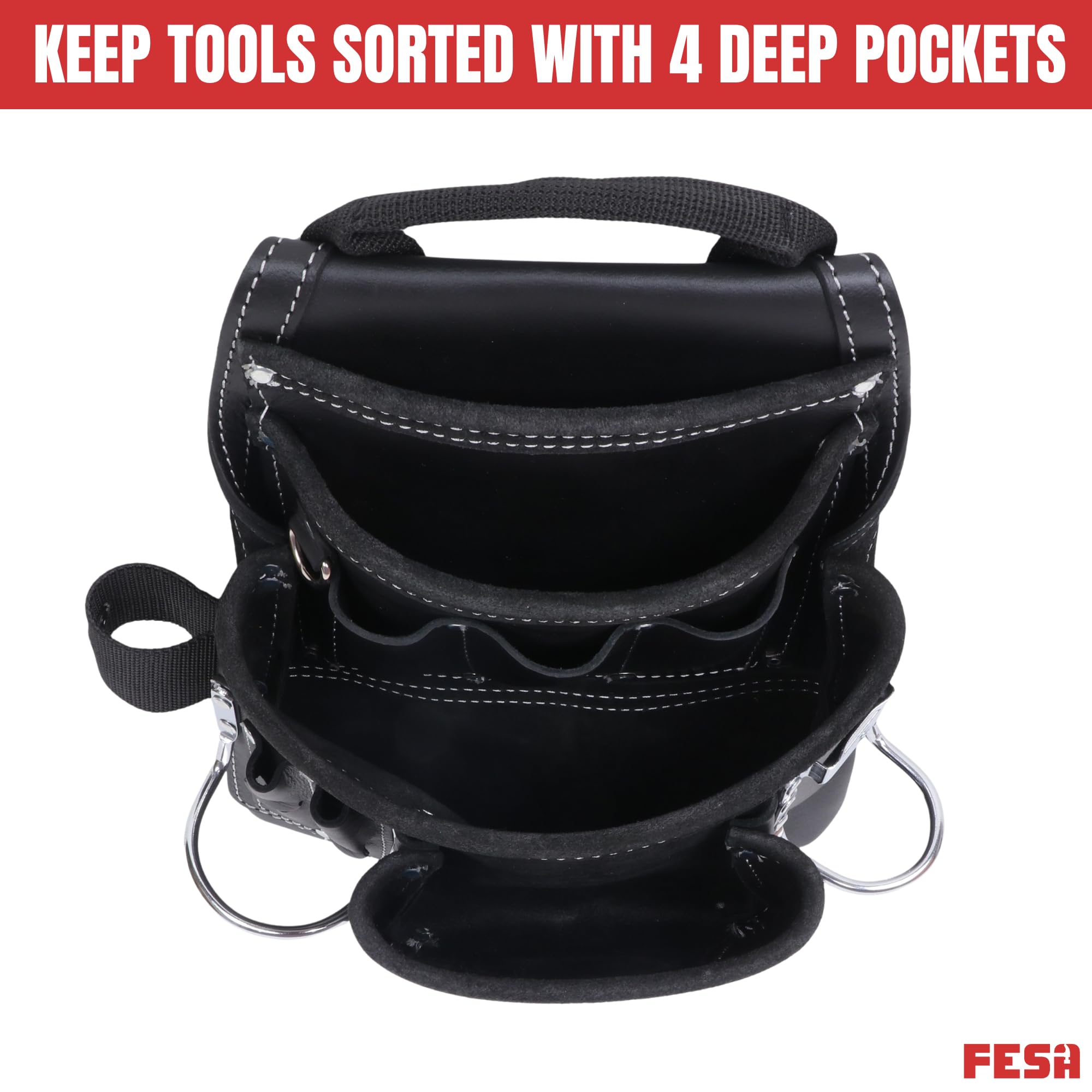 FESA Sac à outils en cuir – 10 poches en cuir pleine fleur avec 2 boucles pour marteau, grandes et petites poches – Convient aux ceintures de travail jusqu'à 7,6 cm – Fait à la main – Motif campagnard