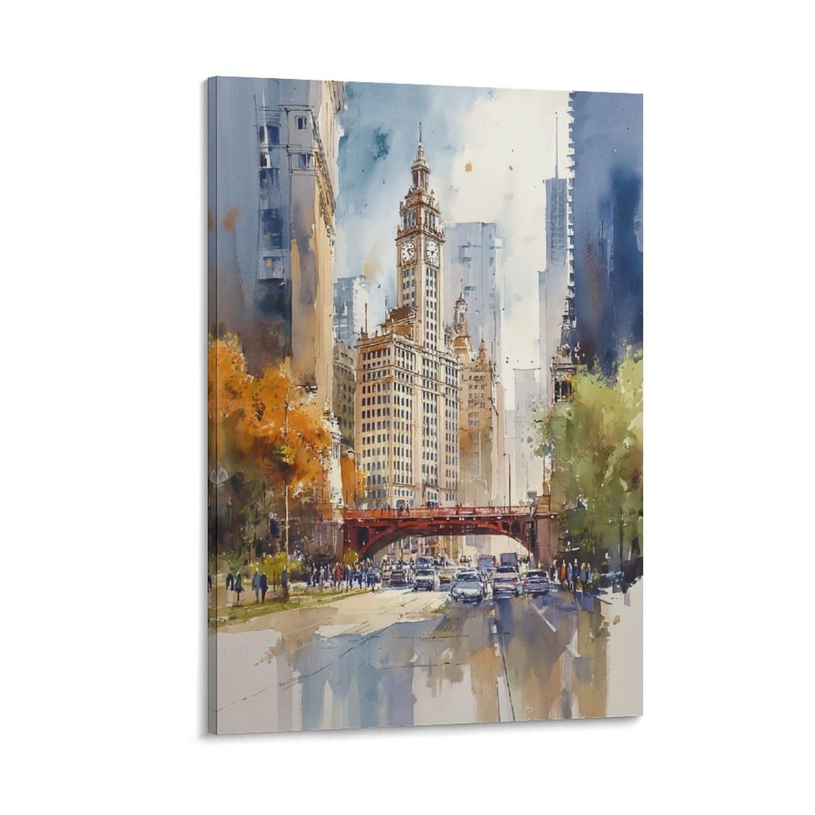 XWYMXZ Chicago Watercolor Print Vintage Illinois Travel Posters 24x36inch(60x90cm) Vintage Watercolor Canvas Art