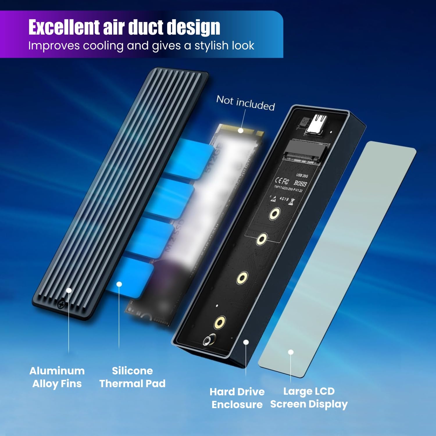 Dyazo M.2 NVMe SSD Enclosure Type C with LCD Display | USB 3.2 Gen2 10Gbps | Support NVME PCIE Size 2230/2242/2260/2280 M-Key/B+M | Support UASP & Trim (Up to 8TB) | Compatible with Windows/Mac/Linux — Amazon image 7