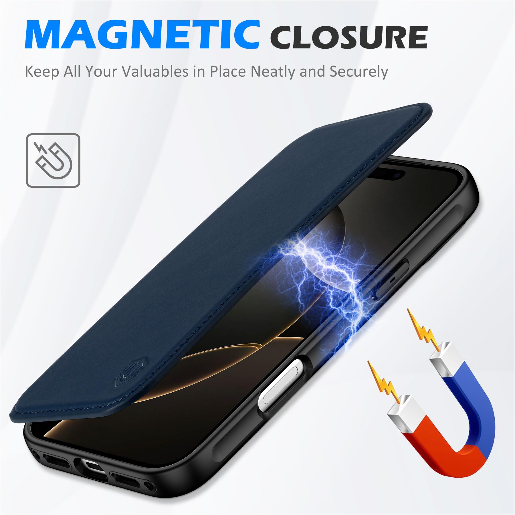 SHIELDON Funda de Cuero Genuino Tipo Cartera para iPhone 17 Pro MAX 6,9 Pulgadas 5G 2025, [Carga Inalámbrica][Bloqueo RFID] Funda de Cuero con Tapa Magnética Slim Wallet, Azul Marino