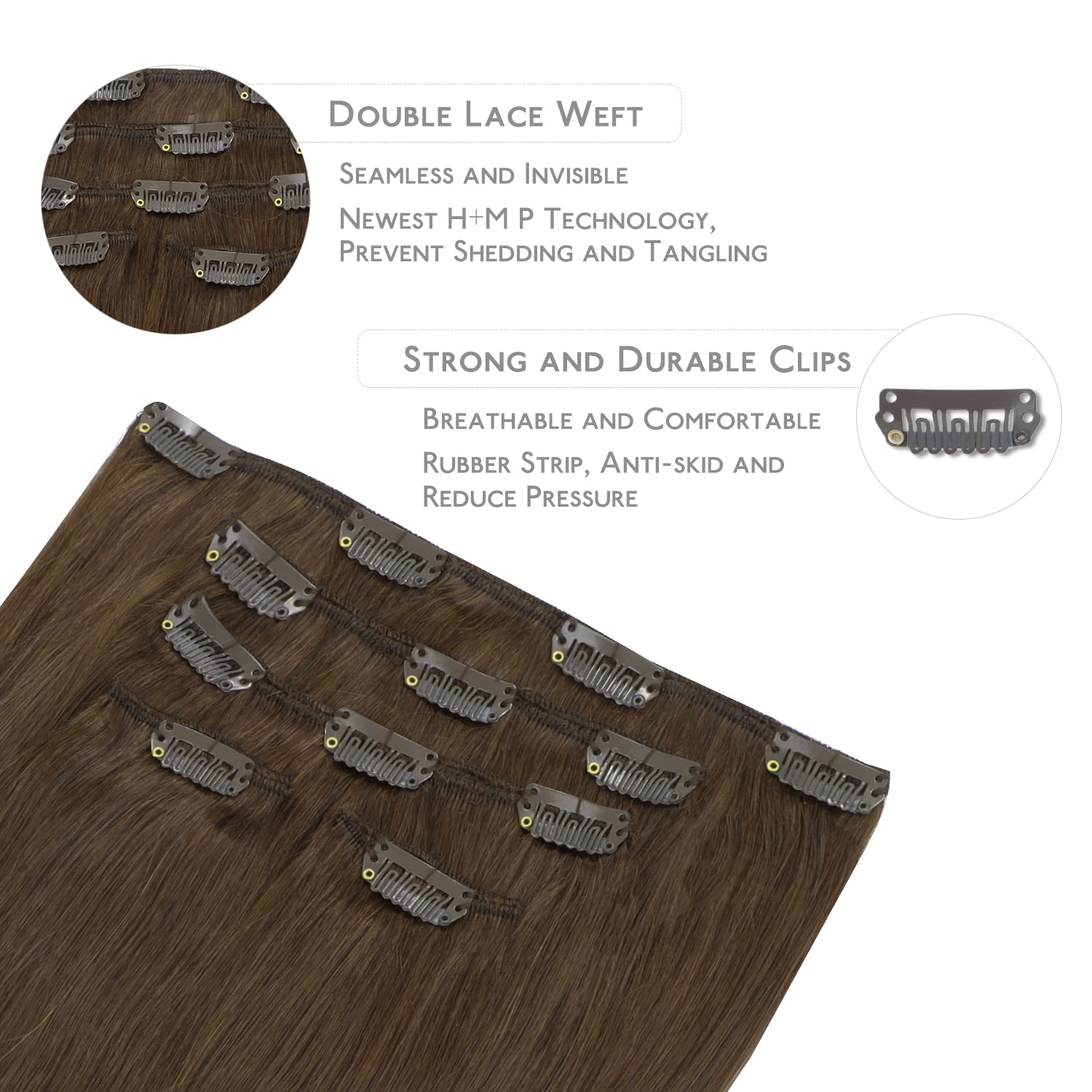 WENNALIFE Extension con clip in capelli veri, 80 g, 5 pezzi, 50 cm, colore marrone cioccolato