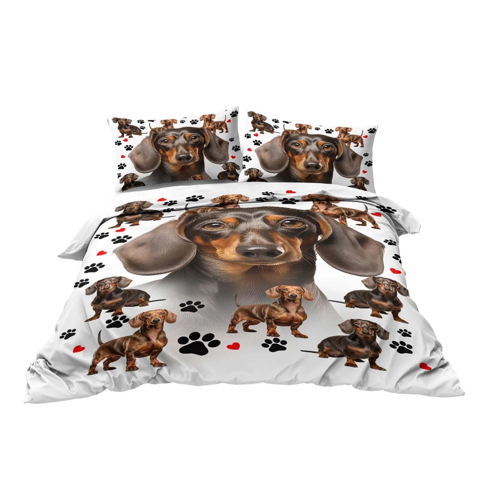 Bettwäsche-Set mit Dackel-Motiv und Pfoten, niedlich, Pastellfarben, 3-teiliges Bettwäsche-Set mit Dackel-Motiv